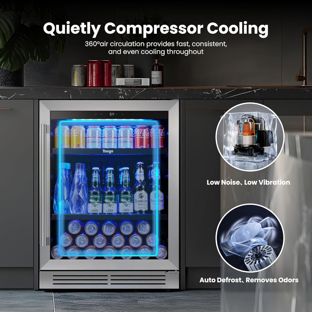 24 Inch Beverage Refrigerator – 180 Can Built-In Under Counter Drink Fridge with Glass Door, 34–54°F Cooling for Beer, Soda & Wine (Right-Hinged)