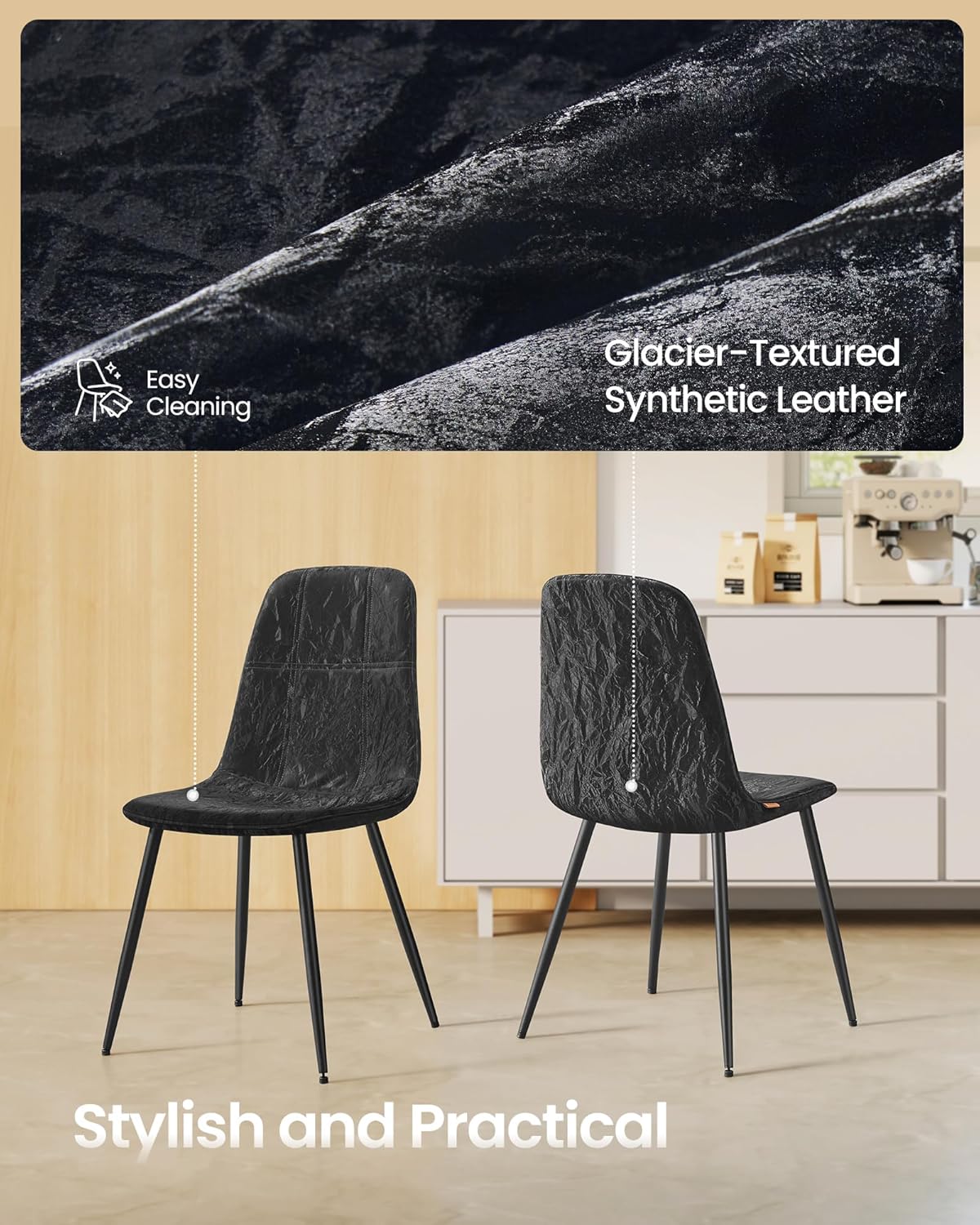 VASAGLE Set of 4 Dining Chairs, Dining Room Kitchen Chairs, Metal Frame, Adjustable Feet, Easy to Clean, Glacier-Textured PU Leather, for Kitchen, Ink Black UKDC188B01V1