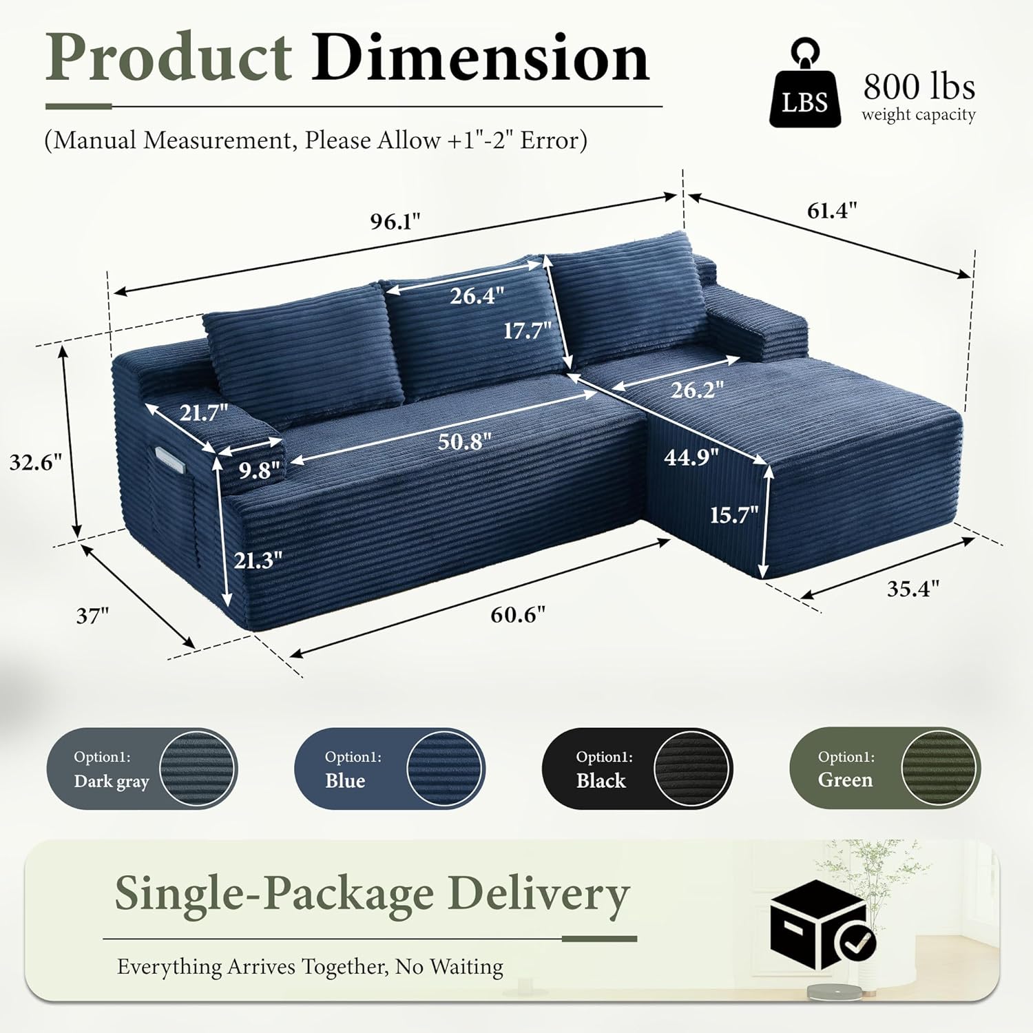96" Sectional Couches for Living Room Cloud Couch Sofa with L-Shape Upholstered Boneless Couchs Modern Modular Sectional Couch with Chaise (Bule, 96" W+Right Facing Chaise+2Seaters)