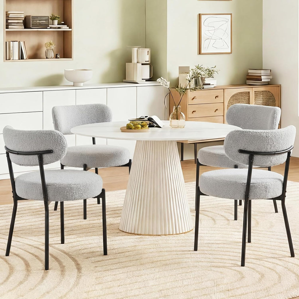 DUMOS Dining Chairs Set of 4, Mid Century Modern Chair Round Upholstered Curved Backrest, Kitchen Vanity Living Room Chairs with Black Metal Legs，Classic Grey