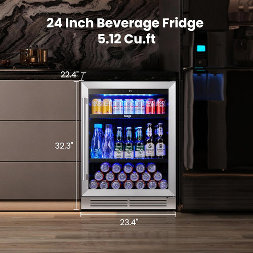 24 Inch Beverage Refrigerator – 180 Can Built-In Under Counter Drink Fridge with Glass Door, 34–54°F Cooling for Beer, Soda & Wine (Right-Hinged)