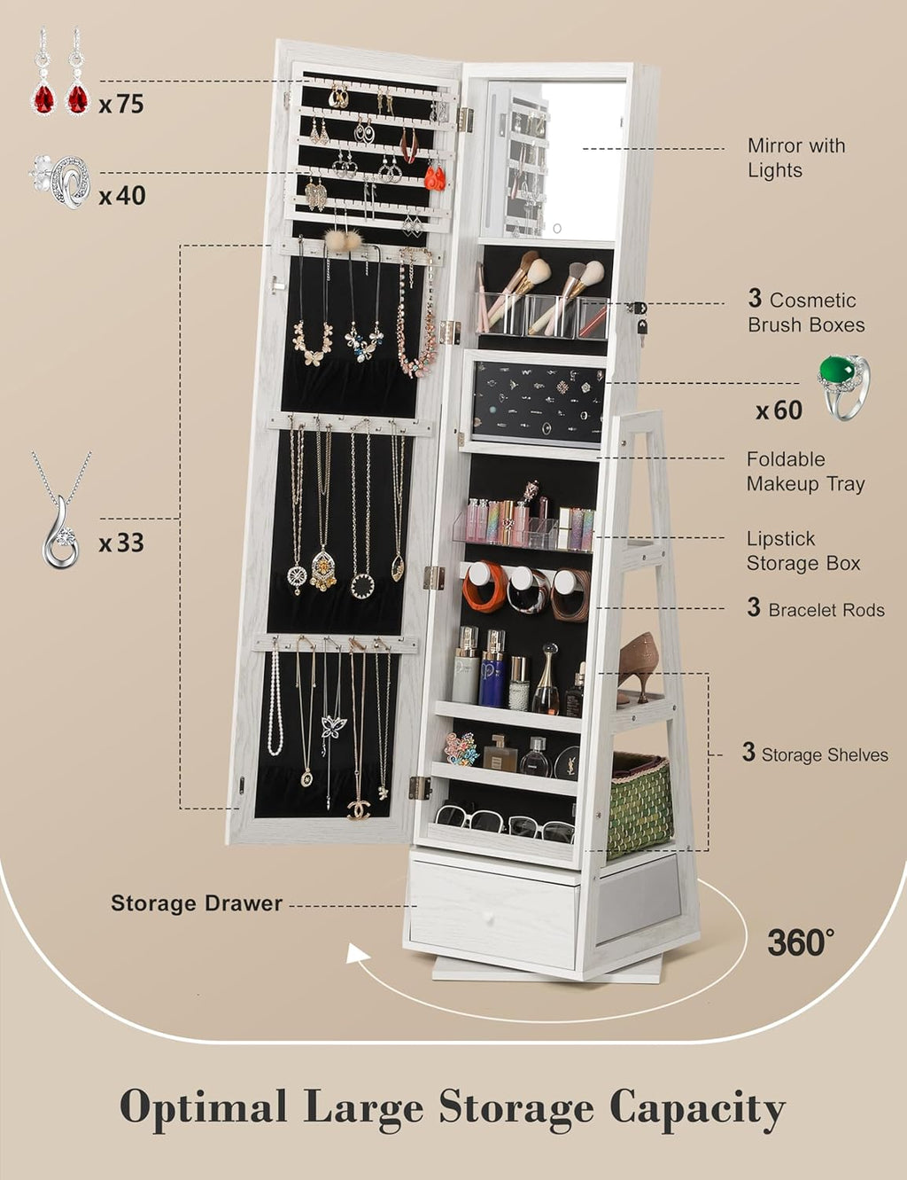 Nicetree 360° Swivel Jewelry Cabinet with Lights, Touch Screen Vanity Mirror, Rotatable Full Length Mirror with Jewelry Storage, Standing Jewelry Armoire Organizer, Foldable Makeup Shelf, White
