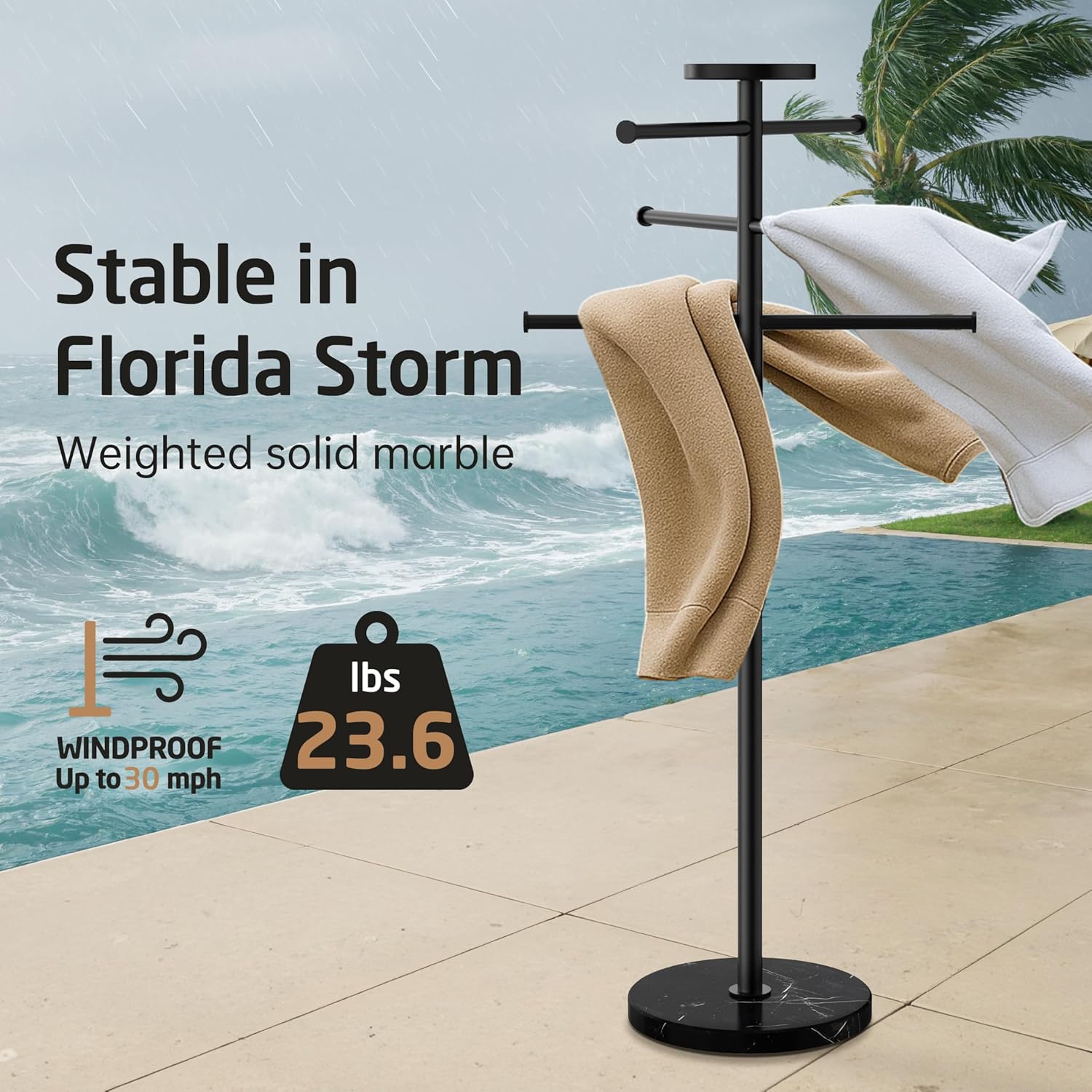 Natural Marble 59 Inch Outdoor Towel Rack with Weighted Base, KES Pool Towel Rack Outdoor for Hot Tub 18/8 Stainless Steel, Adjustable 3 Arms with Storage Tray, Matte Black OTR200-BBK
