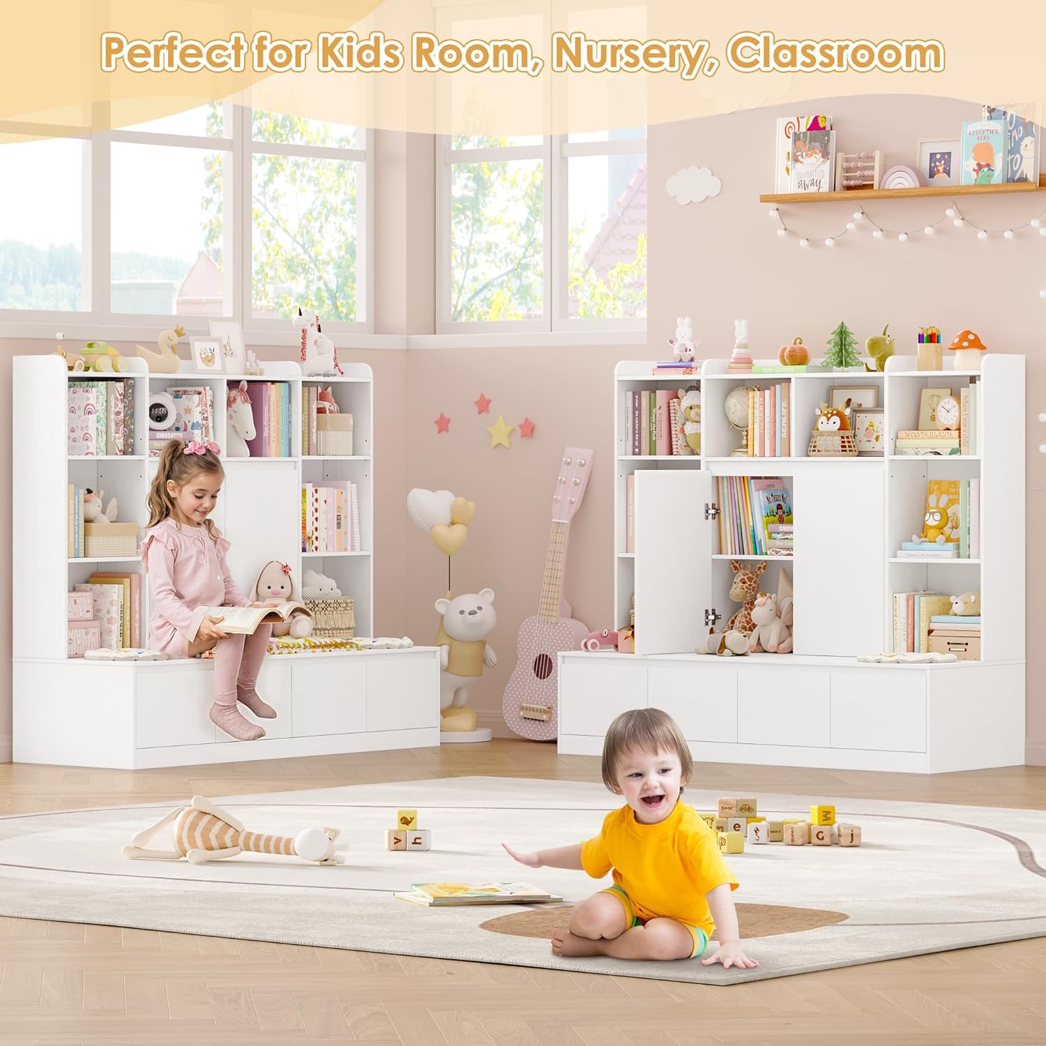 HIFIT 4-In-1 Kids Bookshelf and Toy Storage Organizer with Bench, 10-Cube Kids Bookcase with Reading Nook & 4 Sliding-Drawers & 2 Doors, Toy Chest Storage Cabinet for Playroom, Nursery,Classroom,White