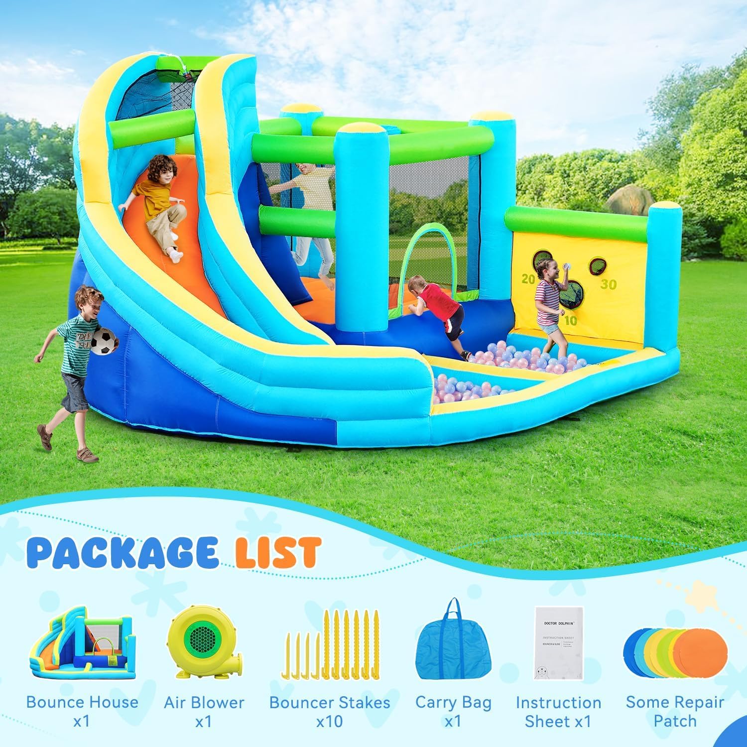 FBSPORT Inflatable Bounce House, Water Slide Park Slide Bouncer with Ball Shooting, Climbing Wall, Jumping and Splash Pool, Kids Bouncy Castle with 450W Air Blower for Outdoor Backyard