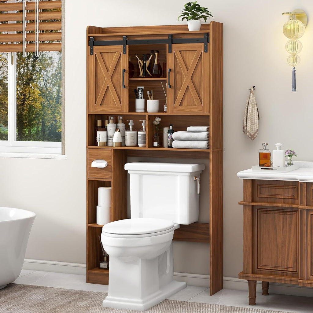 Vabches Over The Toilet Storage Cabinet, Farmhouse Storage Cabinet Over Toilet with Sliding Doors，Home Space-Saving Toilet Rack, for Restroom, Bathroom, Laundry,Caramel
