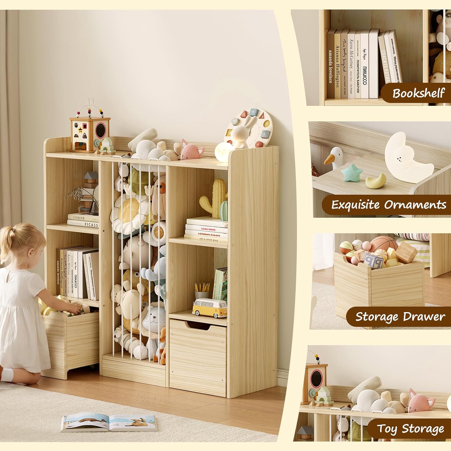 Toy Storage Organizer with Stuffed Animal Storage, Solid Pine Wooden Toy Organizer & Stuffed Animal Zoo, 4 Cubes Shelf with 2 Movable Drawers, 4 -in-1 Book Shelf for Kids Room, Playroom, Nursery