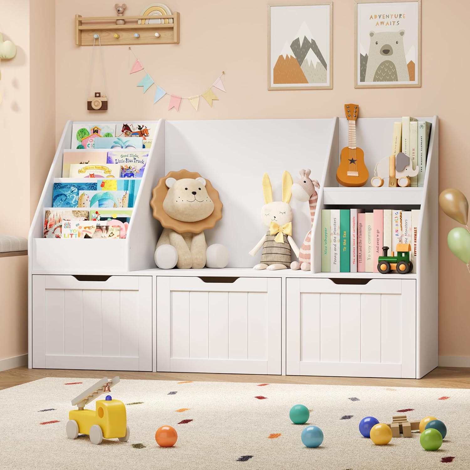 Gizoon Kids Bookshelf with Reading Nook, Kids Toy Storage Organizer with 3 Movable Drawers, Kids Reading Nook with Bench for Kidsroom Playroom and Bedroom, White