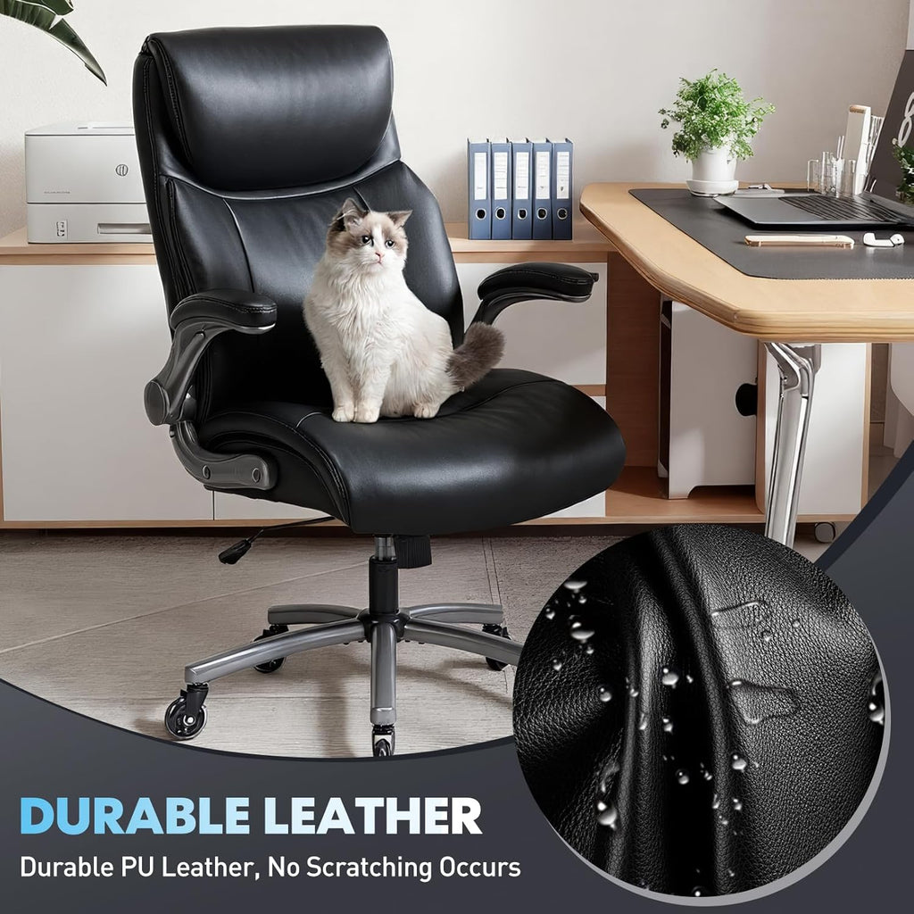 Ergonomic PU Leather Executive Office Chairs, High-Back Home Computer Chair with Lumbar Support, Flip-Up Arms, Black