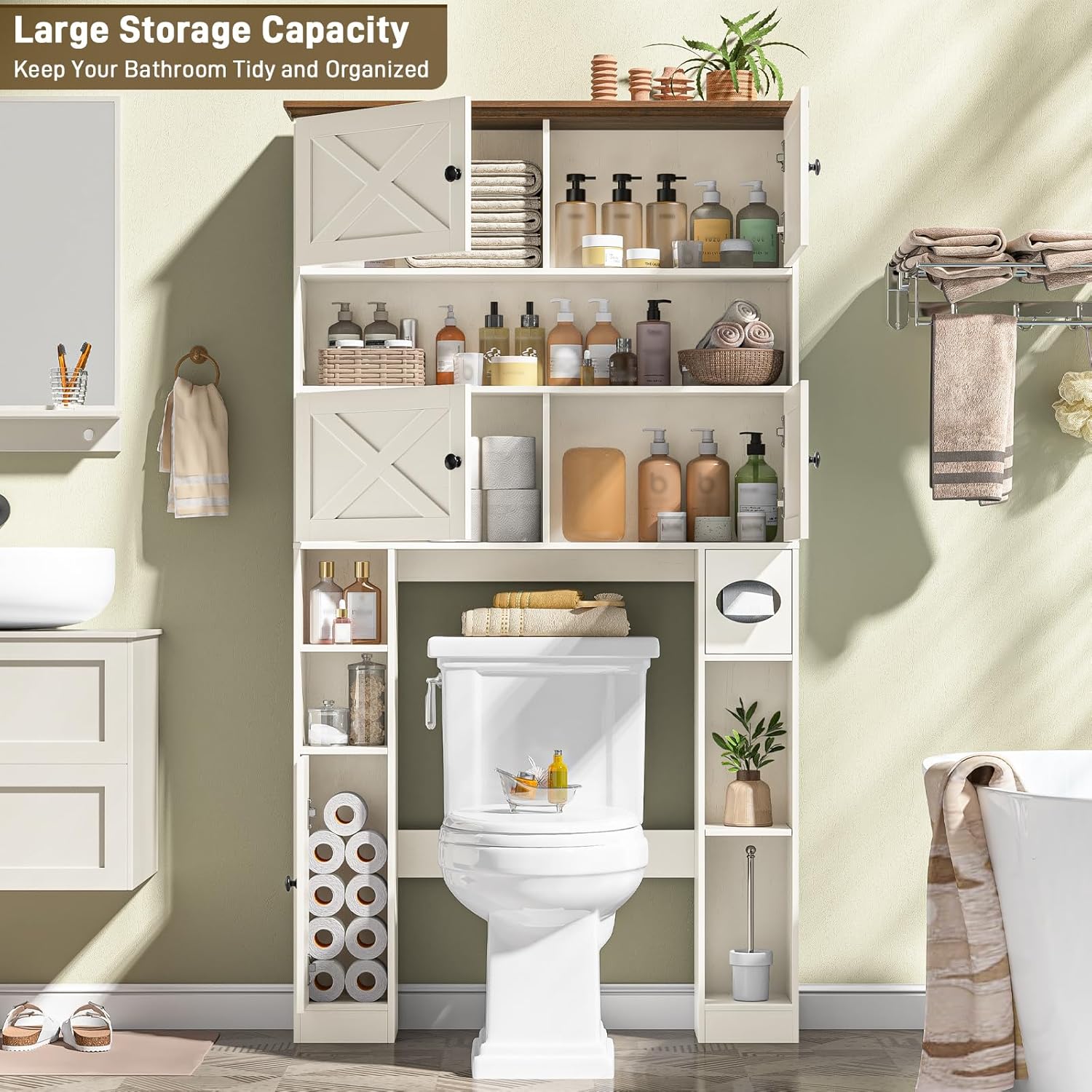 Over The Toilet Storage Cabinet, Farmhouse Storage Over Toilet with 4 Barn Doors & Adjustable Shelf, Space Saving Bathroom Organizer with Toilet Paper Holder Stand for Bathroom, Laundry, Rustic White