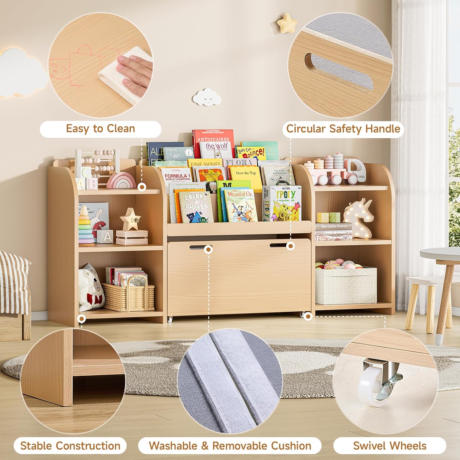 ONBRILL Kids Bookshelf with Reading Nook, 64.5" Toy Storage Organizer with Movable Bench with 3 Storage, Kids Bookcase with 3-Tier Bookshelf, 6 Storages Cubbies, Toy Box & Chest for Bedroom, Playroom