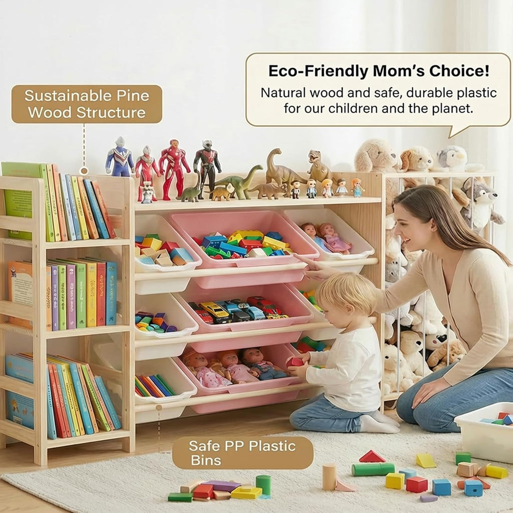 Amdermi Kid's Toy Storage Organizer with Bookcase & Plush Stuffed Animal Zoo, Multi-Bin Toy Storage Shelf for Toddlers, 4-in-1 Wooden Display Rack for Playroom, Bedroom & Nursery (Pink)