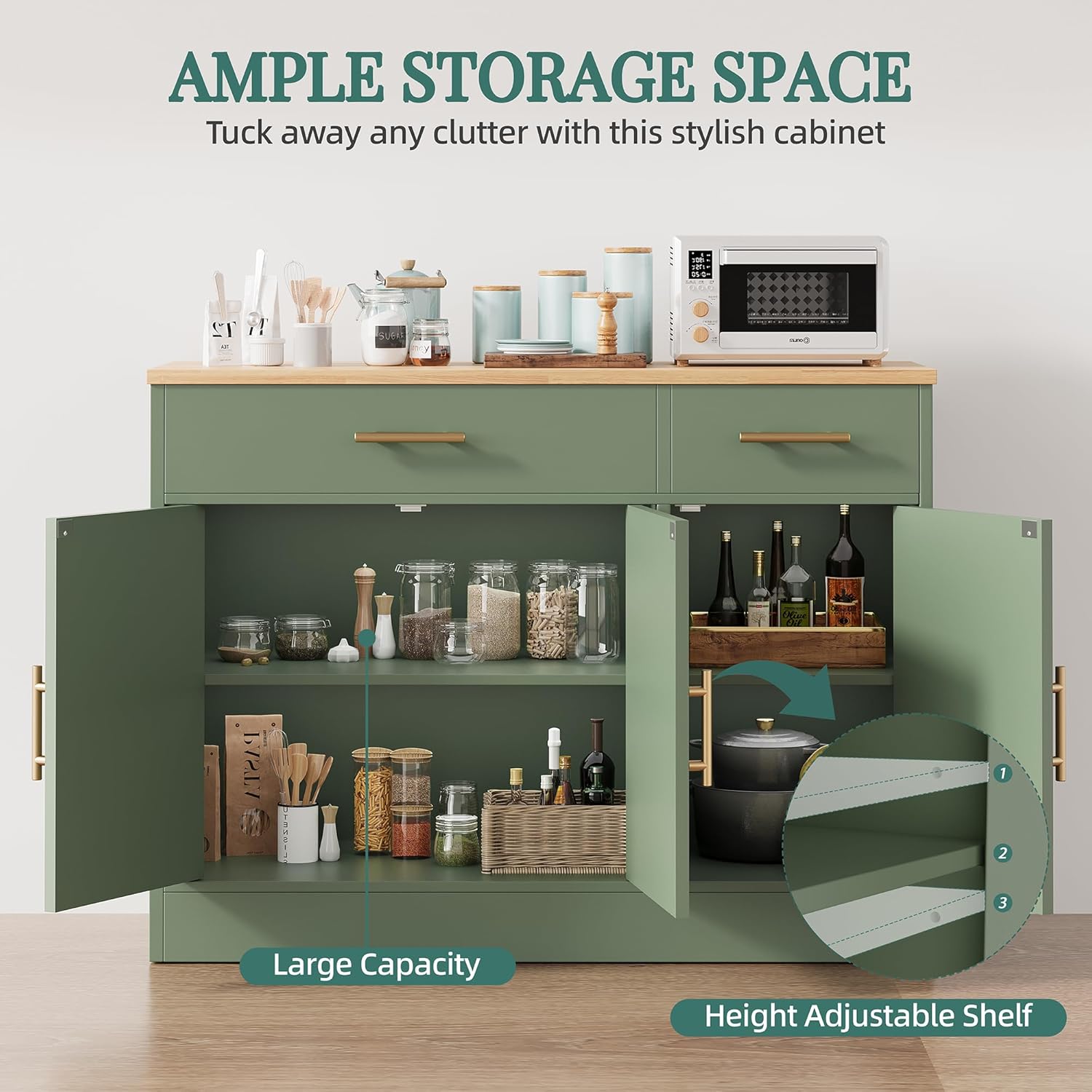 Shintenchi Modern Farmhouse Sideboard Buffet Cabinet with Storage with 3 Doors,42" Barn Doors Buffet Cabinet with Storage, Wood Coffee Bar Cabinets with Adjustable Shelf for Kitchen Living Room,Green