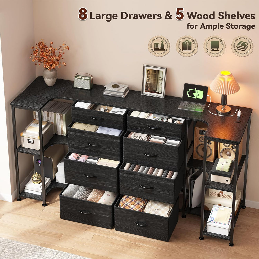 8 Drawer Dresser for Bedroom with Charging Station,3 Configurations (U/L/Linear), Fits 55/65/75''TV,Large TV Stand with 5 Wooden Storage Shelves,Entertainment Center for Living Room,Hallway,Black