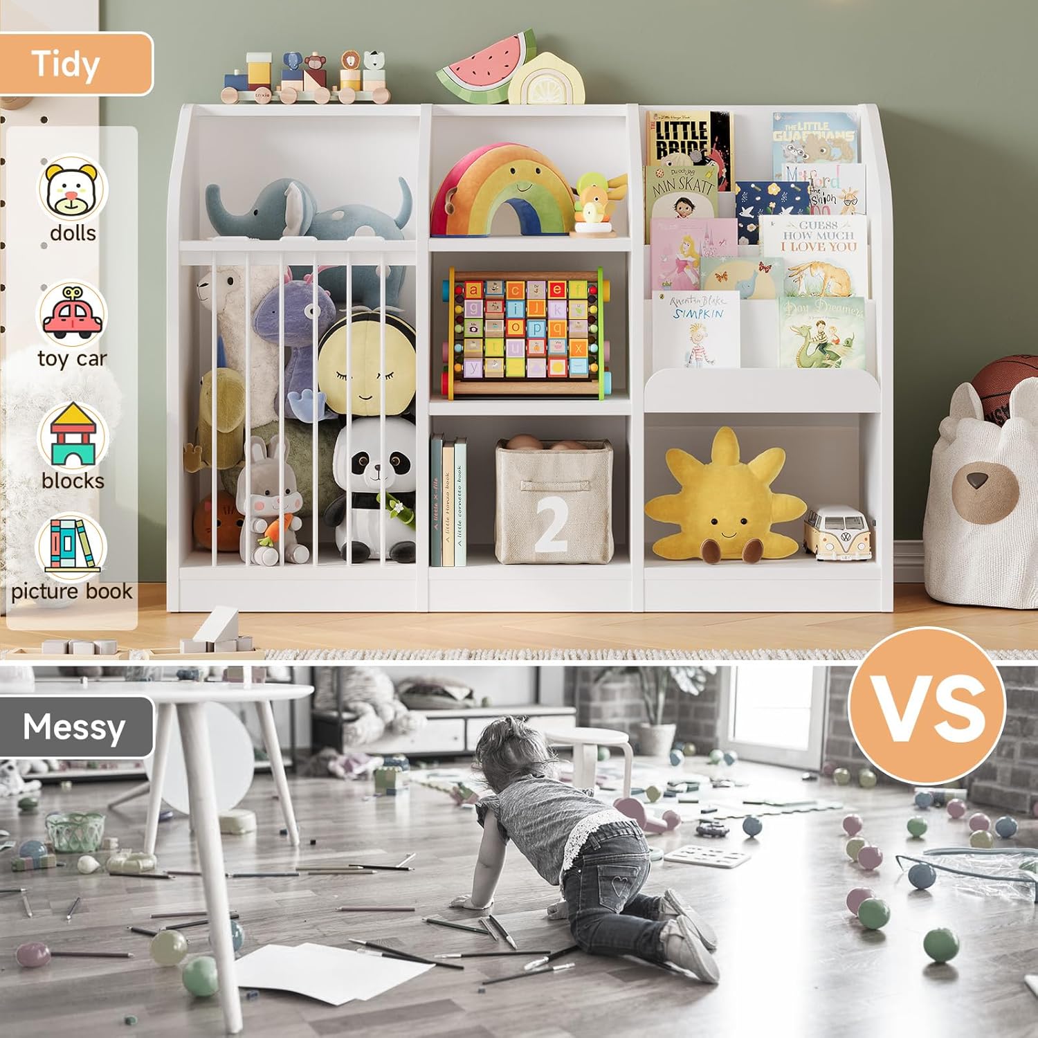 ONBRILL Toy Storage Organizer with Bookshelf & Stuffed Animal Storage, Kids Montessori Low Cabinet with 4 Open Cubbies for Kids Room Playroom Nursery Bedroom Living Room (White)