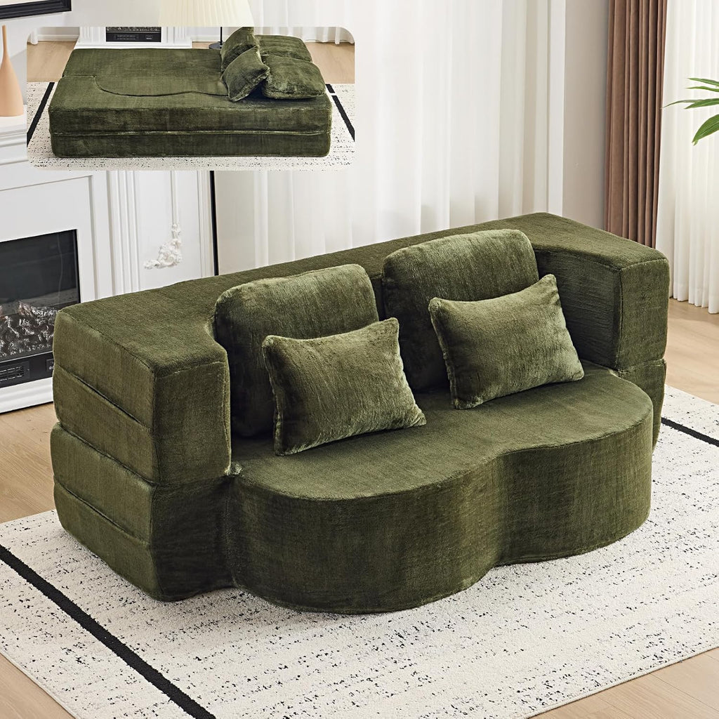 Convertible Folding Sofa Bed, 78” Full Size Loveseat Sleeper Sofa, Chenille Foldable Boneless Floor Couch with 4 Pillows for Guest Living Room Bedroom, No Assembly Required (Green)