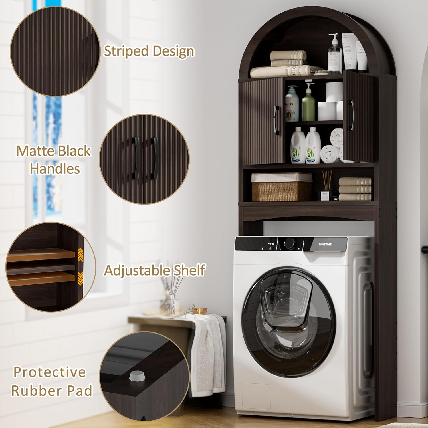 Spurgehom Over The Toilet Storage Cabinet, Bathroom Shelf Organizer Freestanding, Bathroom Arch Cabinet Over Toilet with Toilet Paper Holder and Anti-Tipping Device (Narrow Style-Coffee)