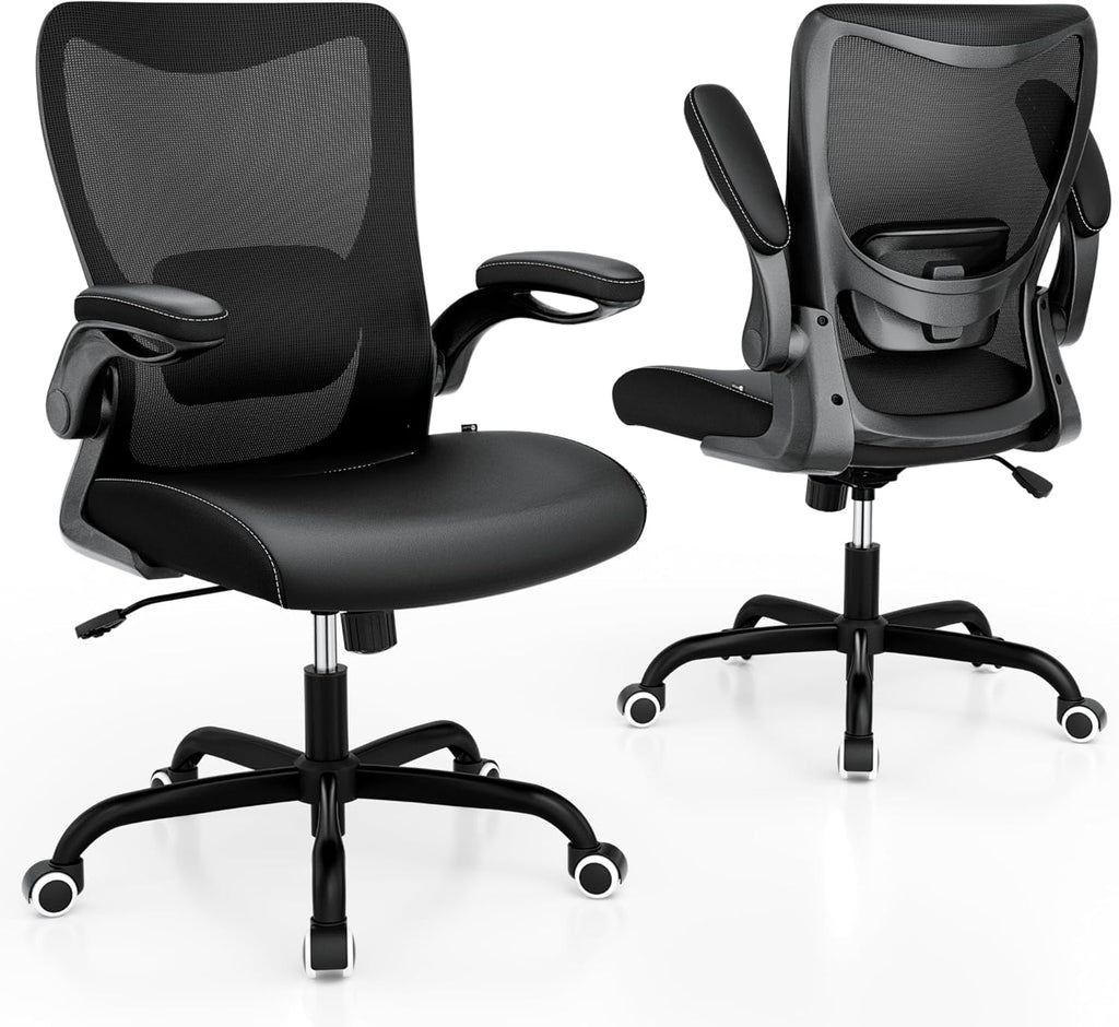 MUXX.STIL Office Chair, PU Leather Ergonomic Desk Chair with Adjustable Lumbar Support and Flip up Armrest, Breathable Mesh Computer Chair for Home Office, Black