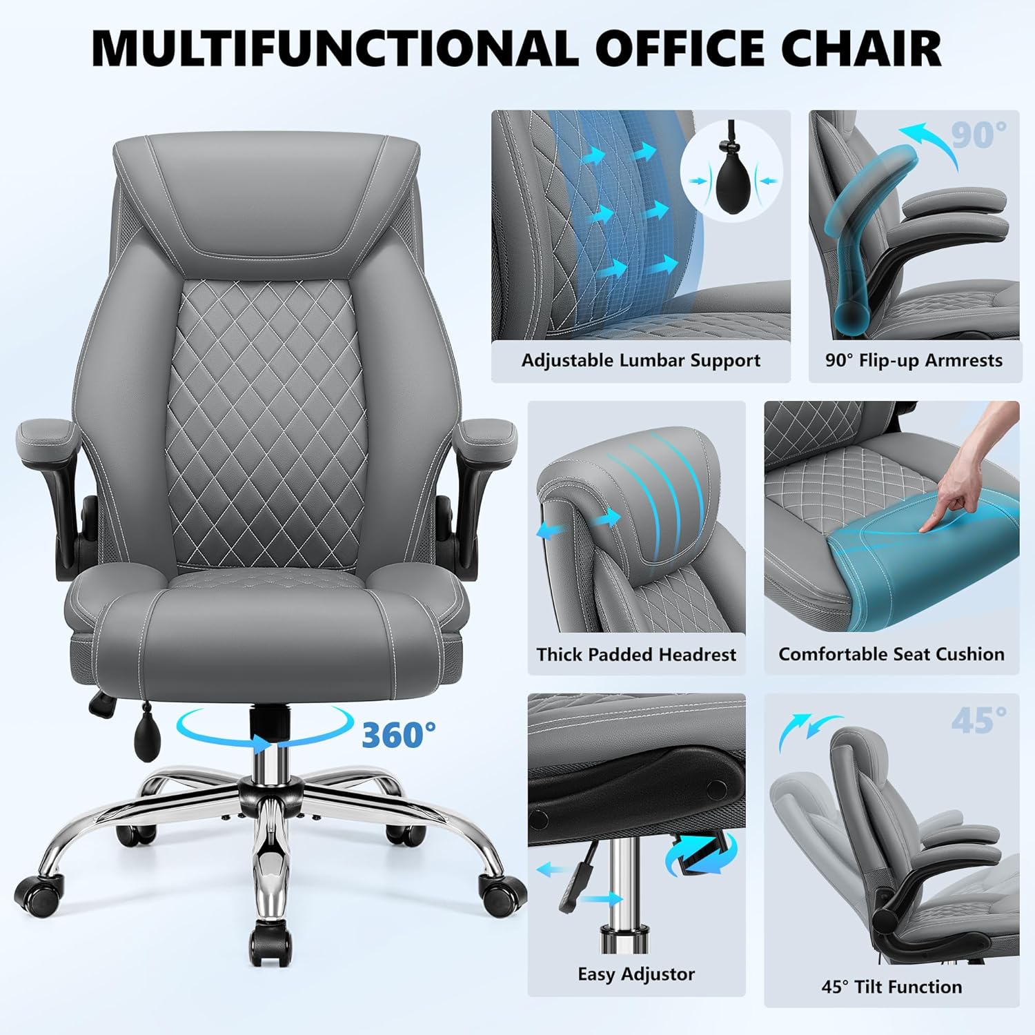 Office Chair, Big and Tall Ergonomic Desk Chair, Executive Leather Computer Chair with Adjustable Lumbar Support, Comfy Gaming Chair with Flip Up Arms, Swivel PC Chair with Rocking Function, Gray