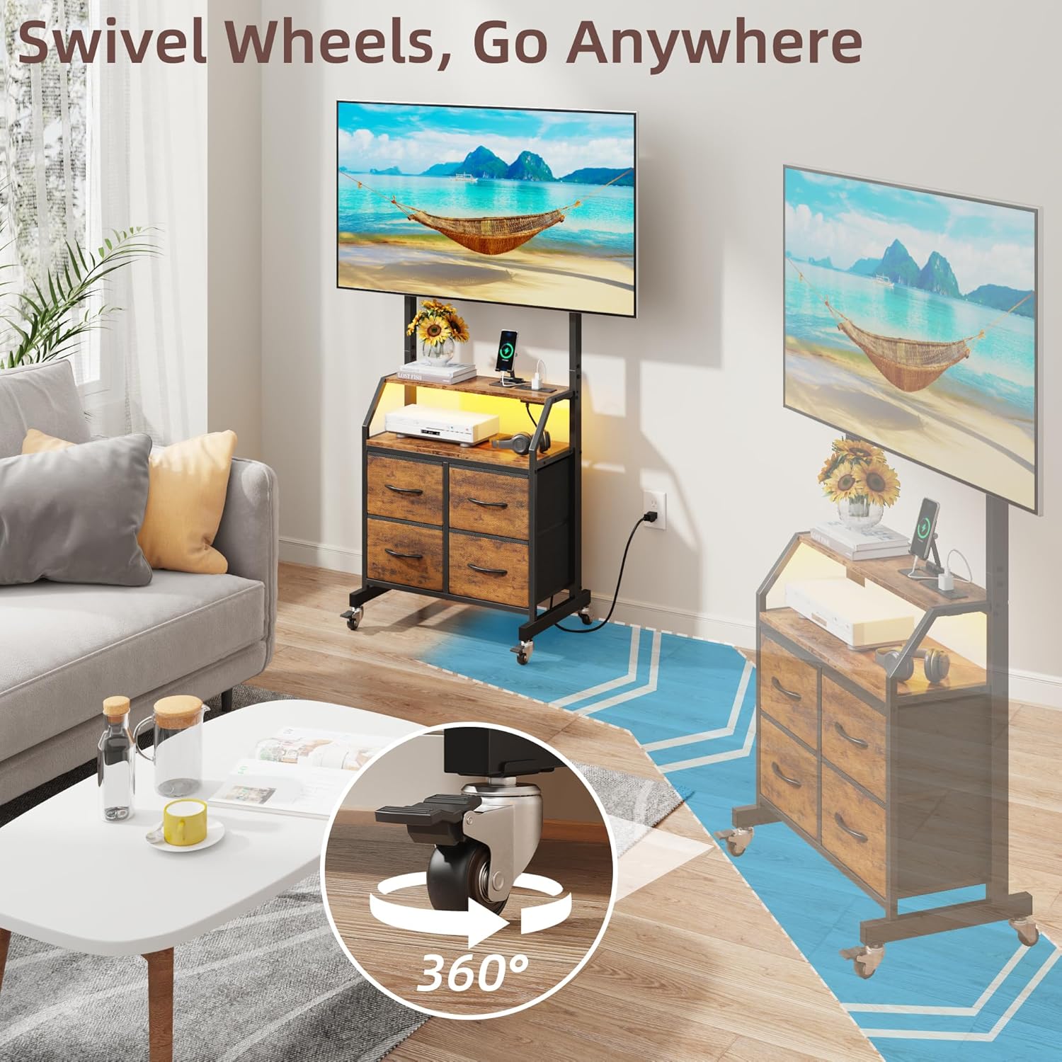 Rolling TV Stand with Mount & 4 Fabric Drawers - TV Stand with Wheels for 32-75" TV, Entertainment Center & Console Table for Living Room or Bedroom, Modern Television Stand with Storage, Rustic Brown