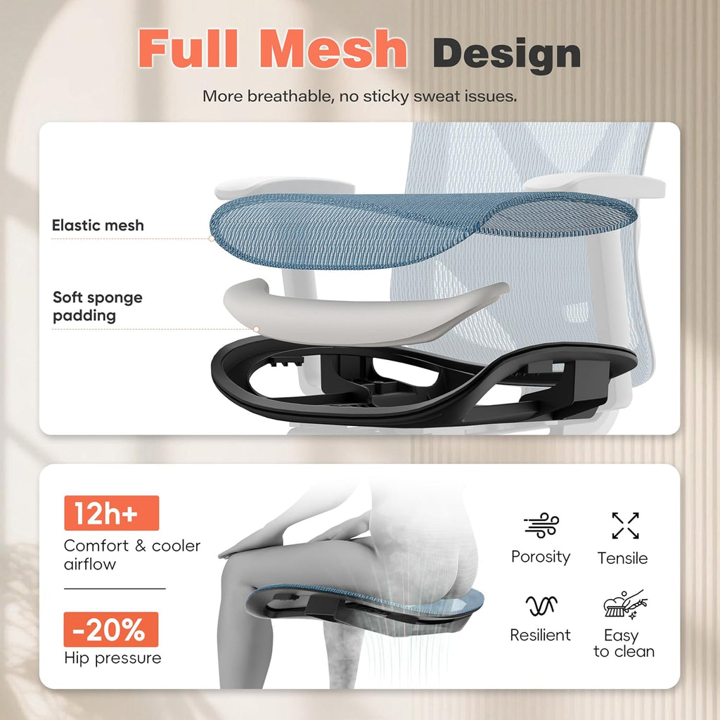 GABRYLLY Ergonomic Office Chair - 135° Reclining Desk Chair with Adjustable Lumbar Support, 3D Armrest, Large Headrest & Heavy Duty Steel Base, 300LBS Mesh Task Chair, Navy Blue