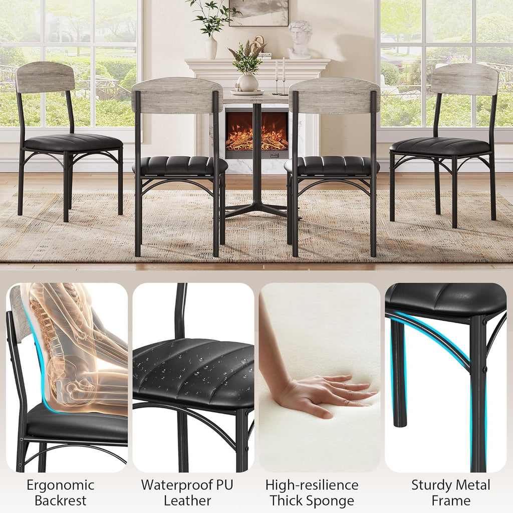 Jocoevol Dining Chairs Set of 4 - Upholstered Dining Room Chairs with PU Leather, Industrial Kitchen Chairs with Wooden Backrest and Thickened Metal Legs, for Dining Room, Living Room（Gray）
