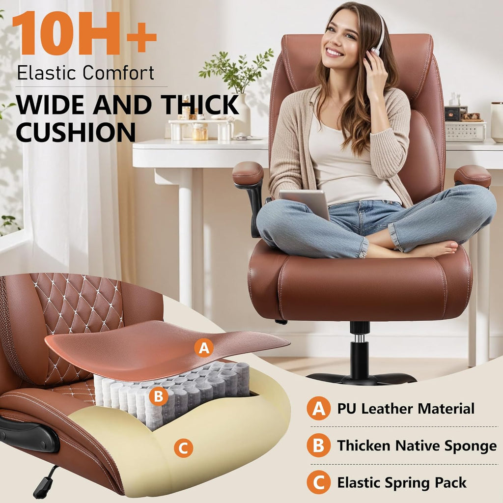 Office Chair, Ergonomic Desk Chair with Lumbar Support for Lower Back Pain Relief, Executive Leather Chair with Padded Flip-up Armrests and Wheels, Brown