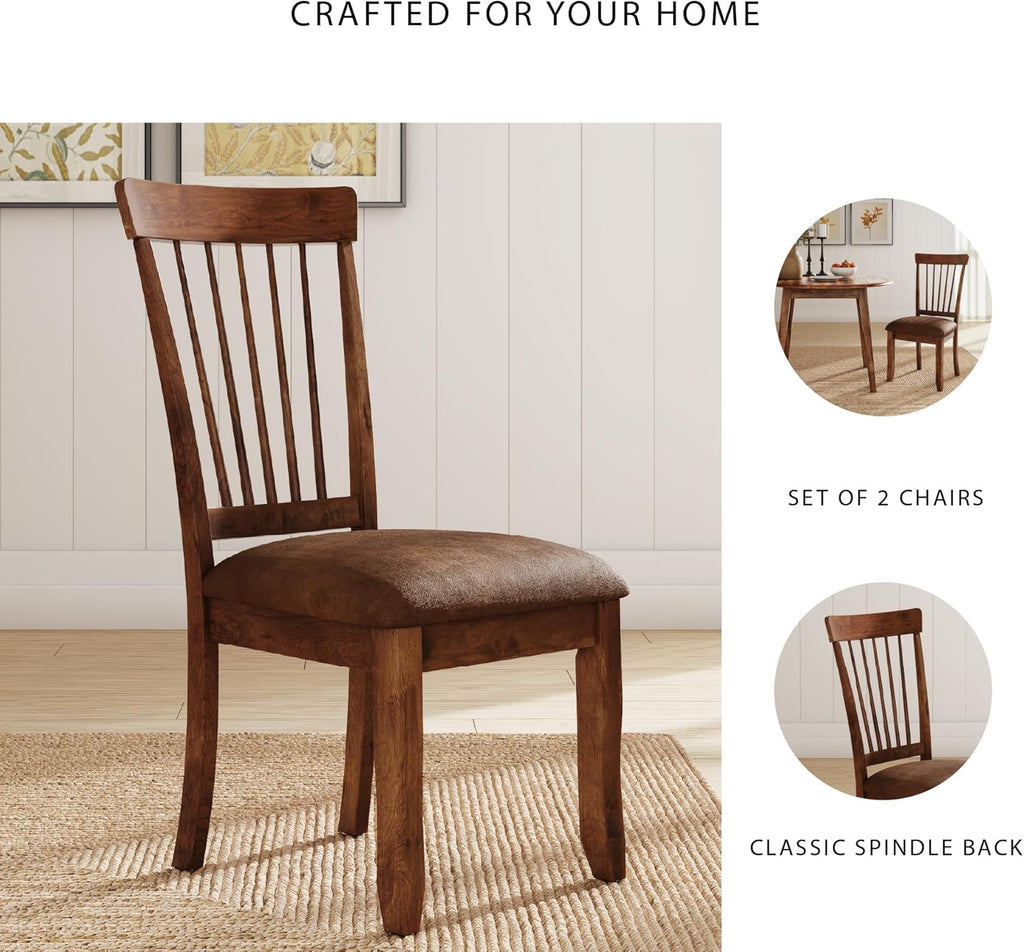 Signature Design by Ashley Berringer Dining Chairs Set of 2, Classic Wood Spindle-Back Design, Cushioned Microfiber Seat, Rustic Finish for Kitchen & Dining Room Chair, Walnut