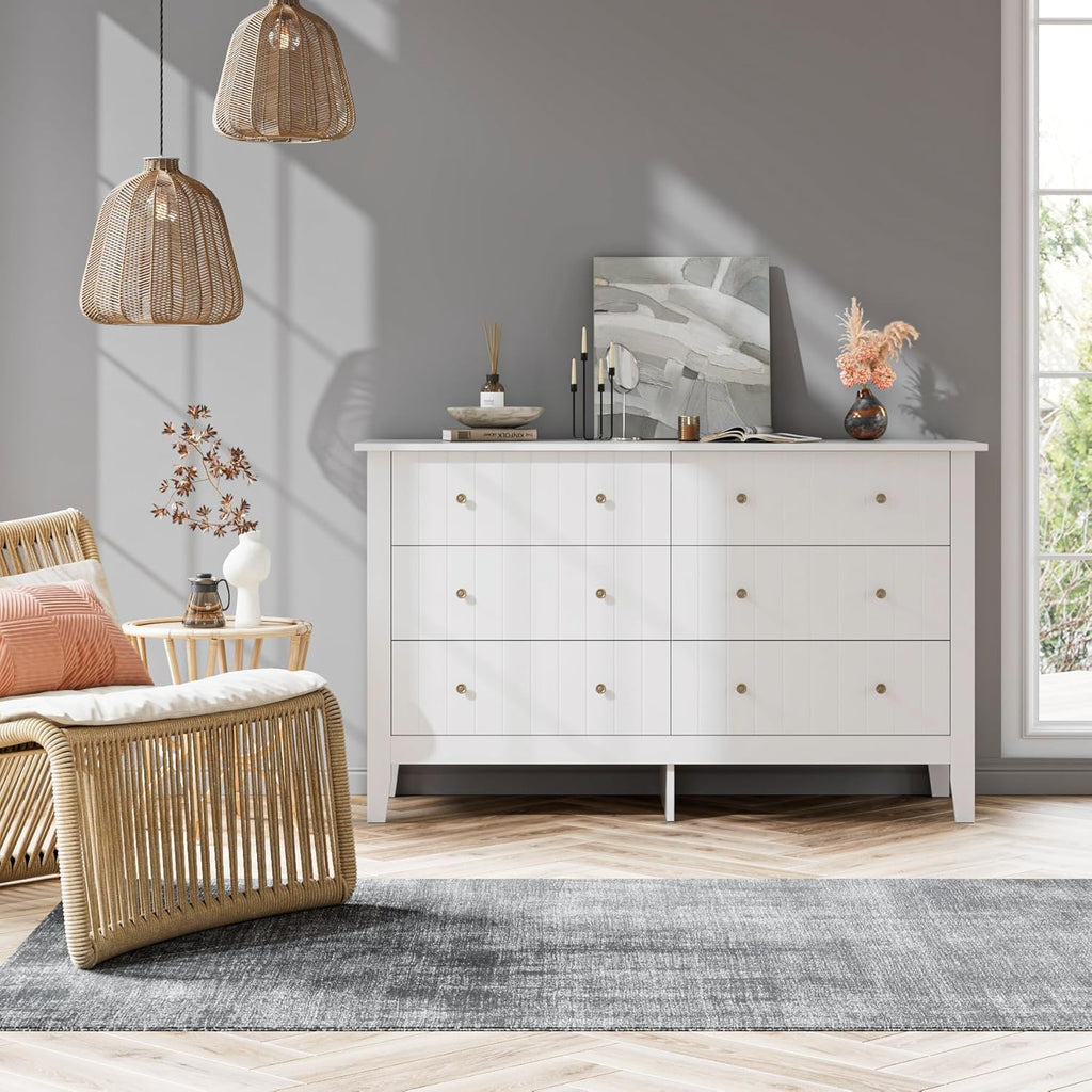 FOTOSOK White Dresser, Chest of Drawers, Modern 6 Drawer Double Dressers with Deep Drawers, Nursery Dresser for Baby, Wide Storage Organizer Cabinet for Living Room, Hallway,White