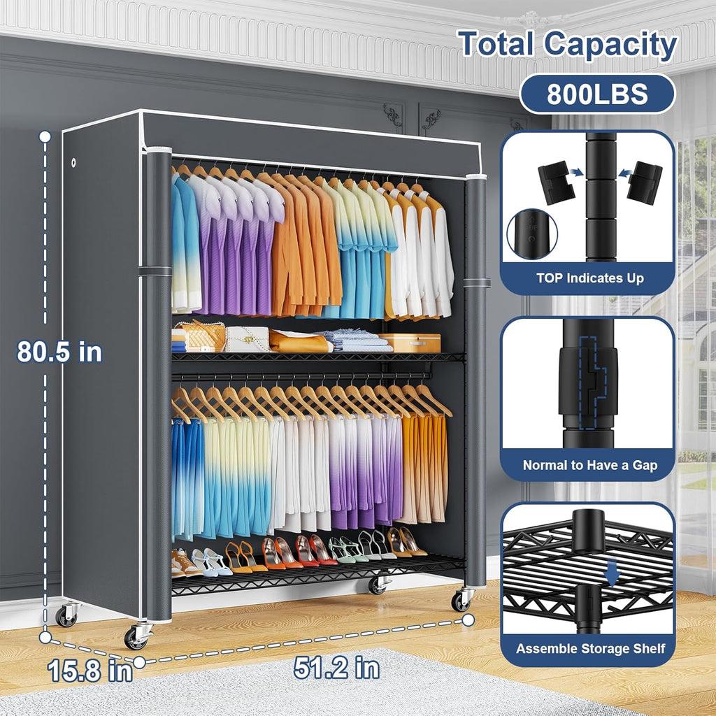 ULIFHOME P8C Max Heavy Duty Clothes Rack（With Extended Width Design） Rolling Clothing Racks for Hanging Clothes with Lockable Wheels，51.2" W x 15.8" D x 80.5" H，Load 700LBS，Black Rack with Grey Cover