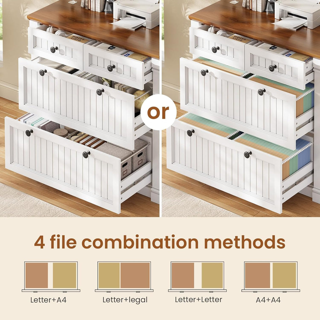 SEDETA 4 Drawers File Cabinet, 33" Farmhouse Filing Cabinets for Home Office fit Legal/Letter/A4 File, Wood Office File Cabinet with Power Outlets, Printer Stand with Storage, White+Brown