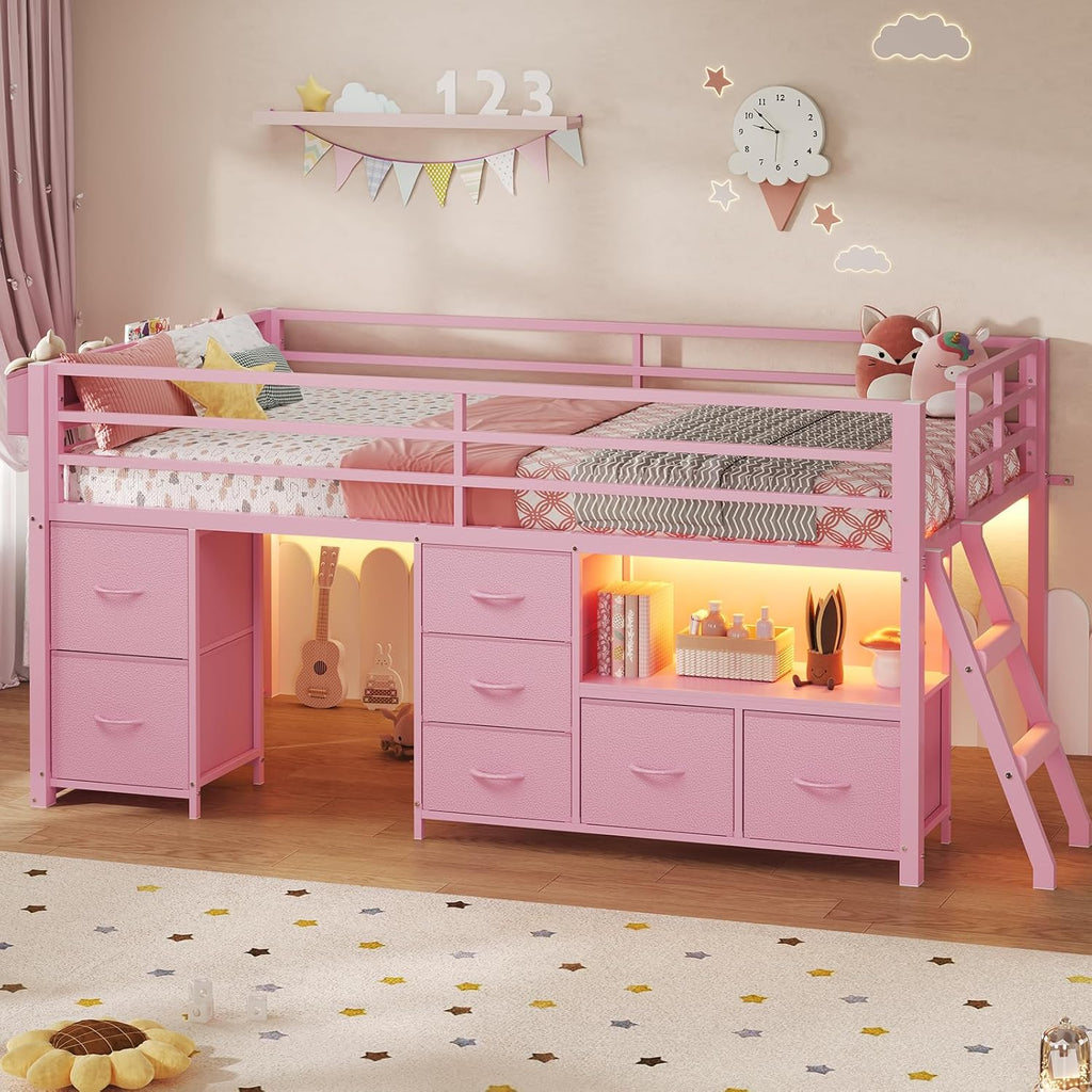 ADORNEVE Low Loft Bed Twin Size with 7 Storage Drawers, Bookcase and LED Lights, Metal Kids Loft Bed with 14" H Safety Guardrail,Inclined Ladder and Play Curtain, Under-Bed Play Space,Pink