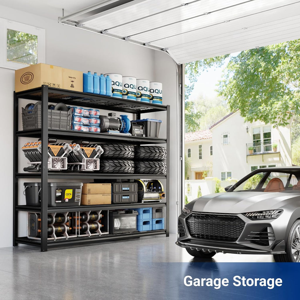 FLEXIMOUNTS 60" W Garage Shelving, 5 Tier Storage Shelves Load 1500LBS, Adjustable Garage Shelving Heavy Duty, Metal Shelves Unit for Basement, Warehouse, 60" W x 72" H x 24" D, Black