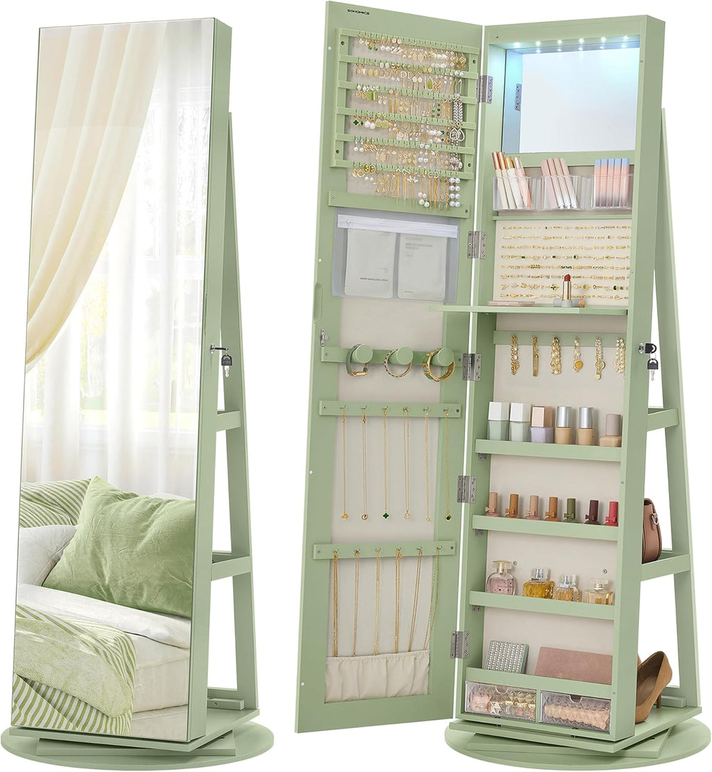 SONGMICS 6 LEDs Lockable Mirror Jewelry Cabinet, 360° Swivel Jewelry Organizer Armoire Standing, Full-Length Mirror with Storage, Mothers Day gifts for Mom, Laurel Green, Cream White Lining UJJC007C01