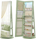 SONGMICS 6 LEDs Lockable Mirror Jewelry Cabinet, 360° Swivel Jewelry Organizer Armoire Standing, Full-Length Mirror with Storage, Mothers Day gifts for Mom, Laurel Green, Cream White Lining UJJC007C01