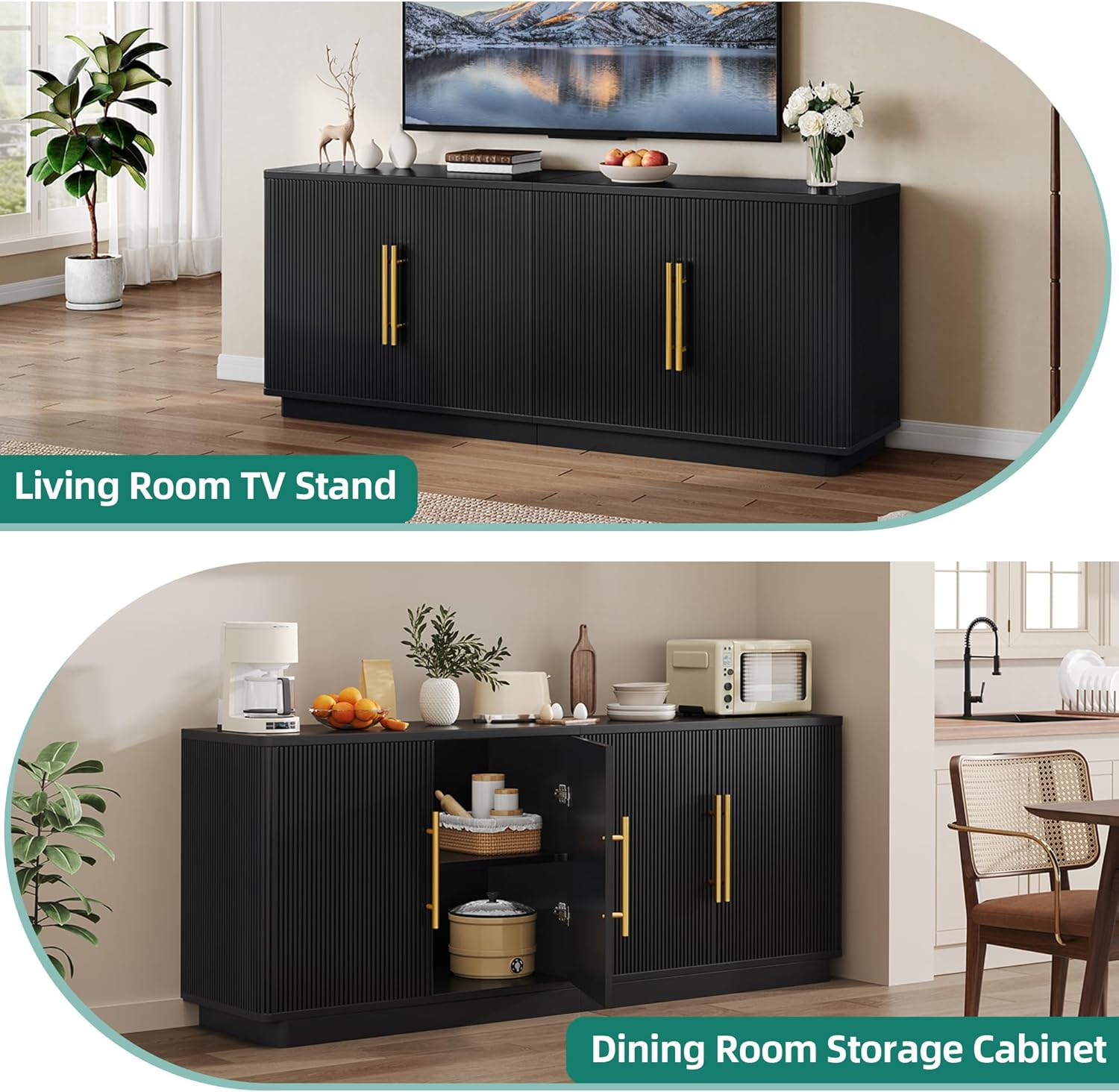 YITAHOME TV Stand for TVs up to 80 Inches, Media Console with 4 Fluted Doors, 70" Entertainment Center with Ample Storage for Living Room(Black Oak)