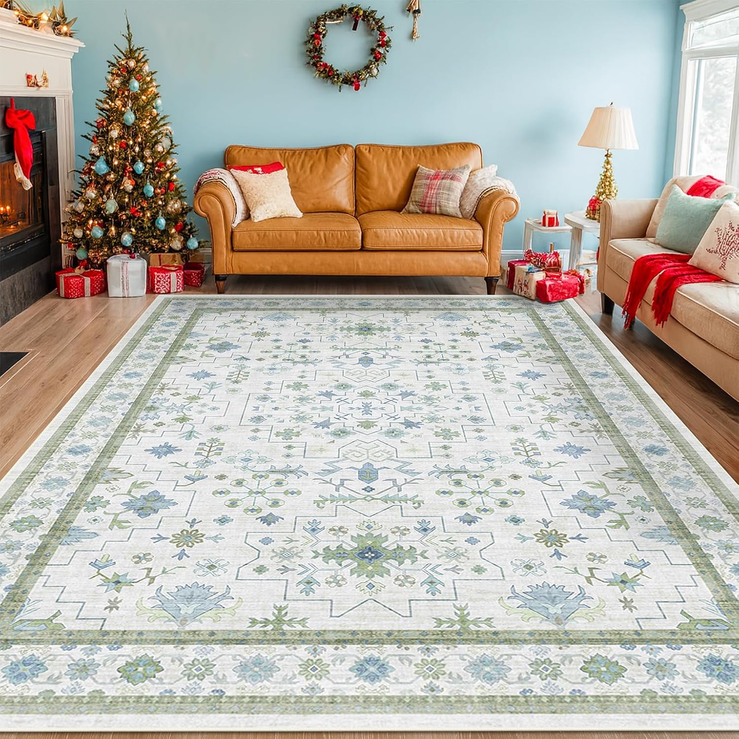 Hazo Haus Blue and Green Living Room Rug 8x10 - Cream Oushak Vintage Boho Floral Farmhouse, Washable Low Pile Non-Slip Extra Large Area Rugs for Bedroom, Girls, Boys, Playroom, Lounge