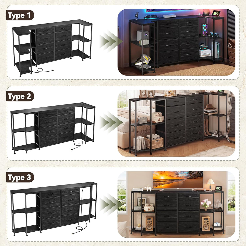 8 Drawer Dresser for Bedroom with Charging Station,3 Configurations (U/L/Linear), Fits 55/65/75''TV,Large TV Stand with 5 Wooden Storage Shelves,Entertainment Center for Living Room,Hallway,Black