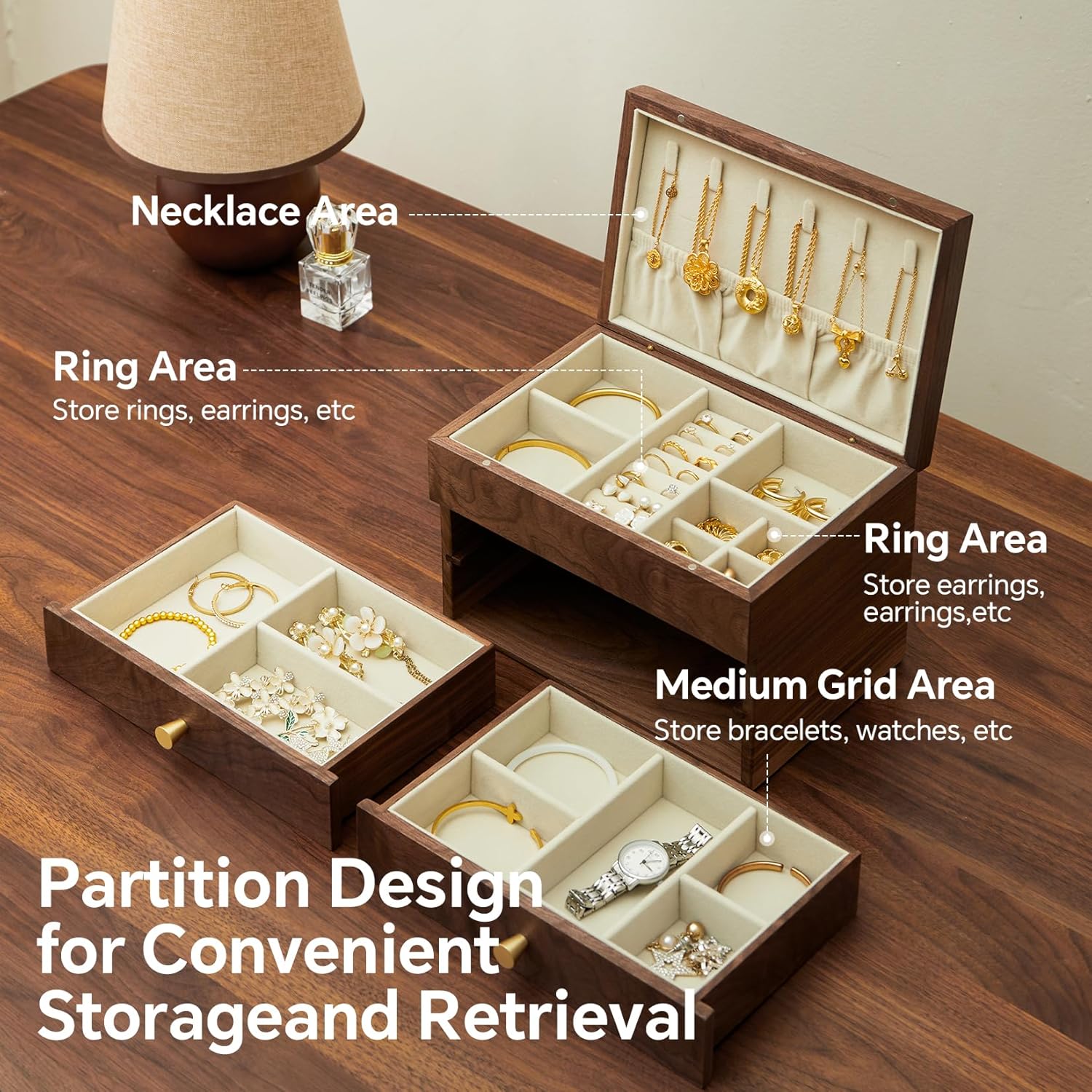 Jewelry Box Organizer for Women & Men, Black Walnut 3 Layer Wooden Jewelry Box with Velvet Lining, Earring & Ring Organizer, Large Capacity Drawer Design for Necklaces, Bracelets (3 layers)