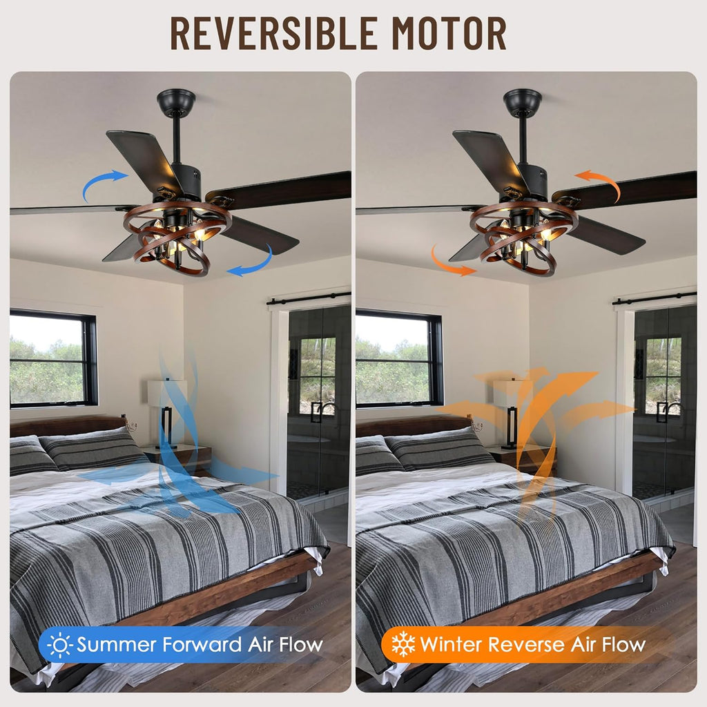 52" Ceiling Fan with Lights and Remote,Industrial Farmhouse Ceiling Fan with Adjustable Wood Grain Iron Cage,5 Reversible Dual-Color Blades,DC Quiet Motor,6 Speeds,Timer for Bedroom Living Room