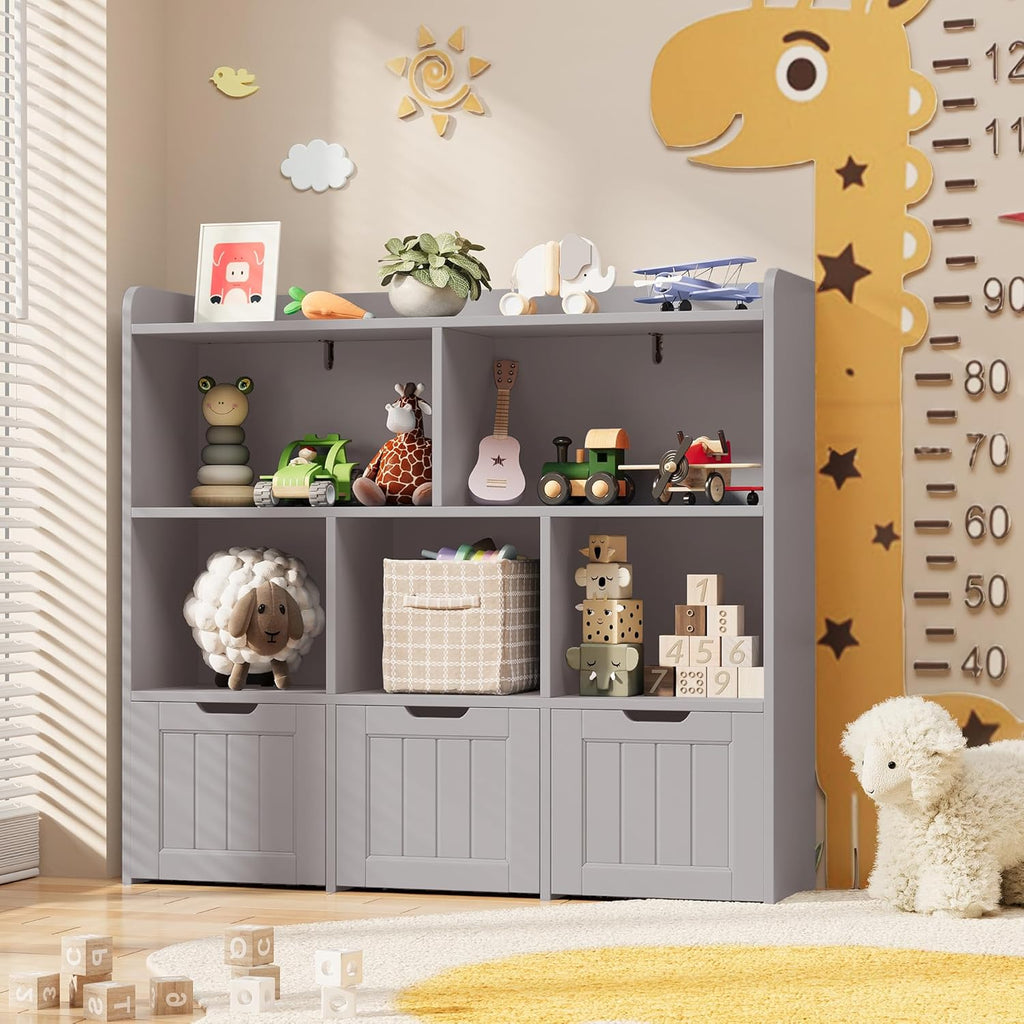 Gizoon Toy Storage Cabinet and Kids Bookcase with 3 Movable Drawers and 6 Open Shelves Featuring Fall Prevention Barrier for Playroom Nursery Kids Room Organization, Gray