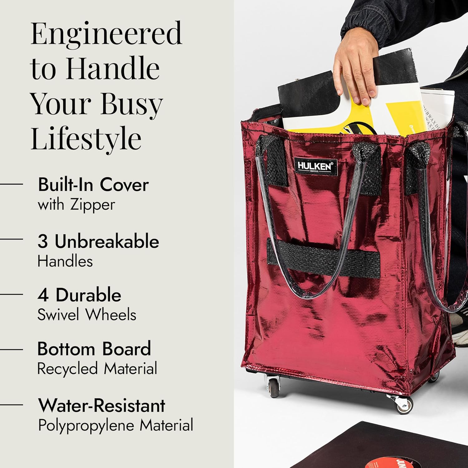 HULKEN (Small, Cosmic Red) Reusable Grocery Bag On Wheels, Shopping Trolley, Rolling Tote, Zipper Closure, Lightweight, Carries Up to 66 lb, Folds Flat