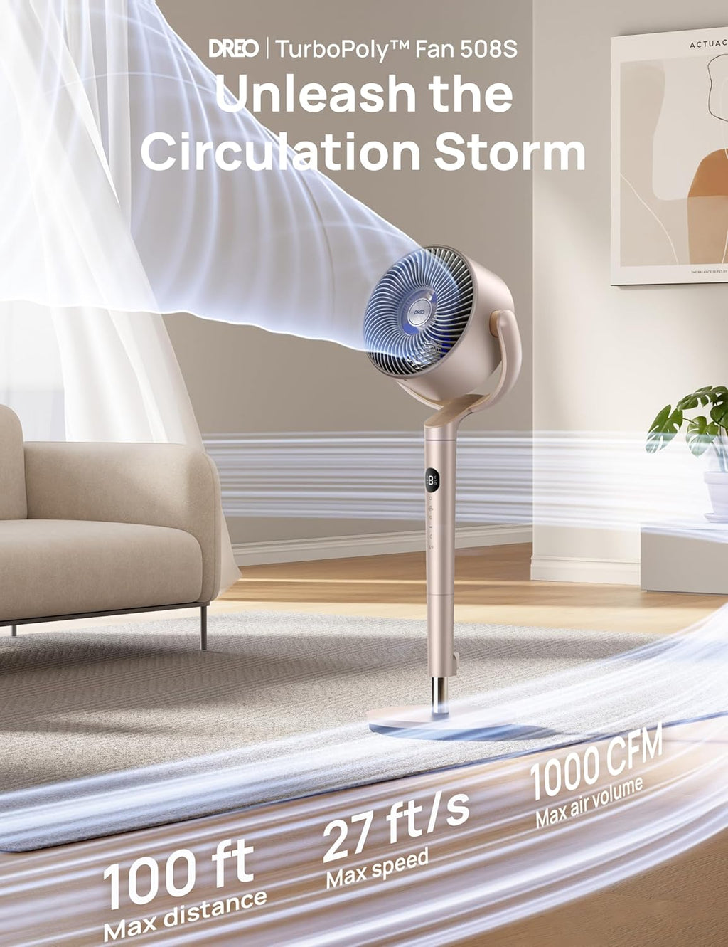 DREO Smart Fans for Bedroom, 120° +120° Omni-Directional Oscillating Fan, 100ft Quiet Pedestal Fan with RGB Light, 9 Speeds, 6 Modes, 20dB, 8H Timer, Wi-Fi/Voice, 35-40" Floor Fans, Starlight