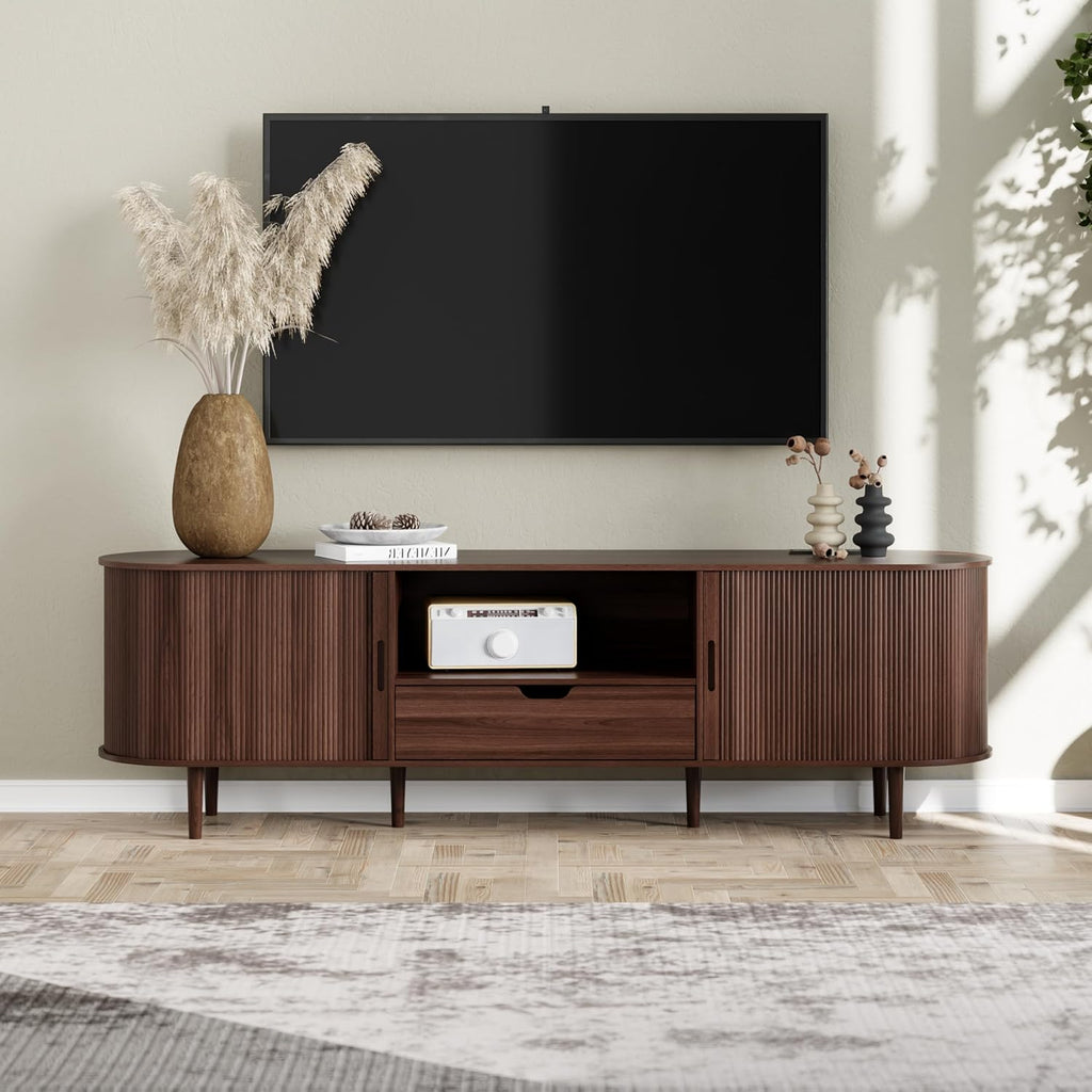 DHH 71" Fluted TV Stand with Power Outlet for TVs up to 80", TV Console with Adjustable Shelves and Sliding Door,Mid Century Modern Entertainment Center for Living Room,Bedroom (Walnut, 71Inch)