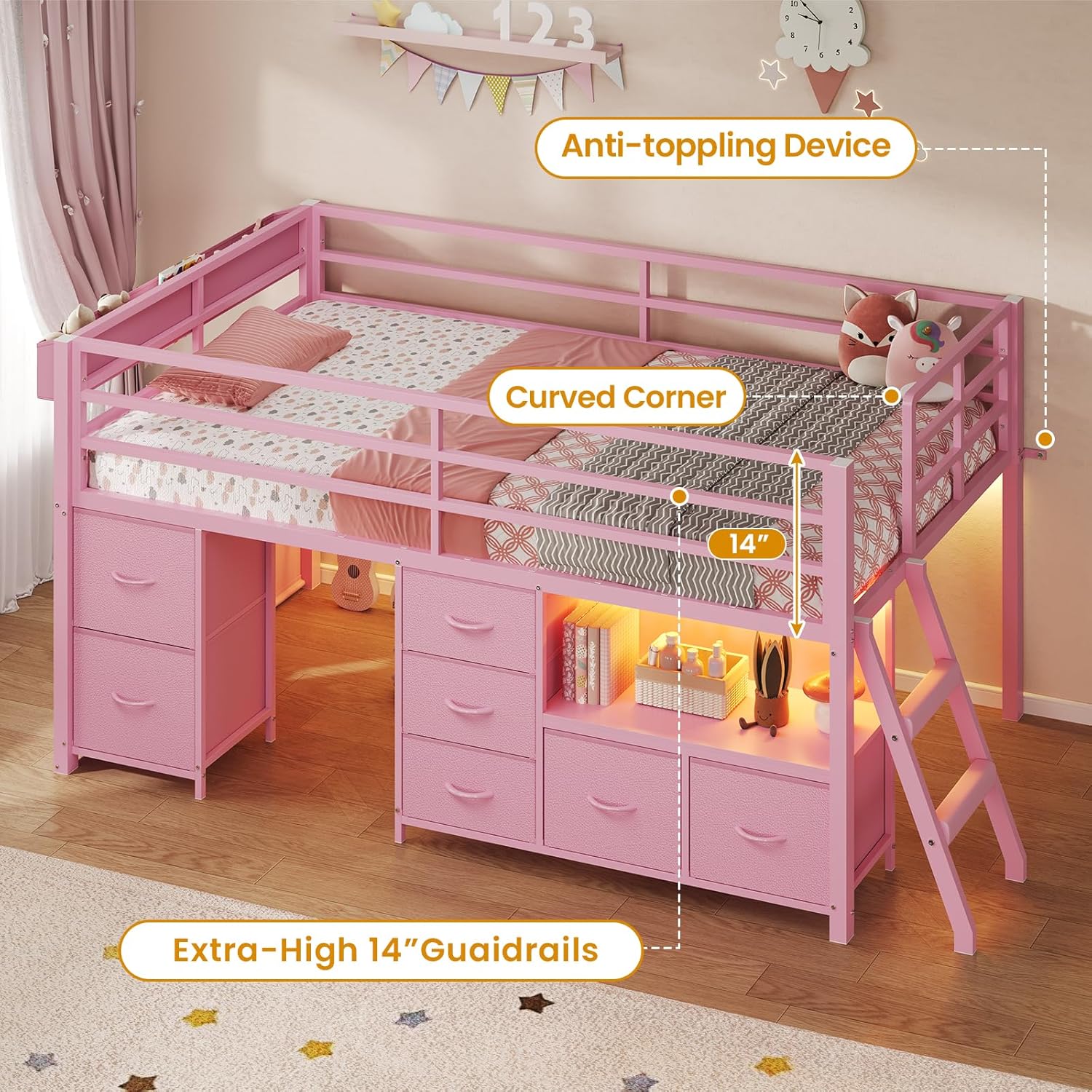 ADORNEVE Low Loft Bed Twin Size with 7 Storage Drawers, Bookcase and LED Lights, Metal Kids Loft Bed with 14" H Safety Guardrail,Inclined Ladder and Play Curtain, Under-Bed Play Space,Pink