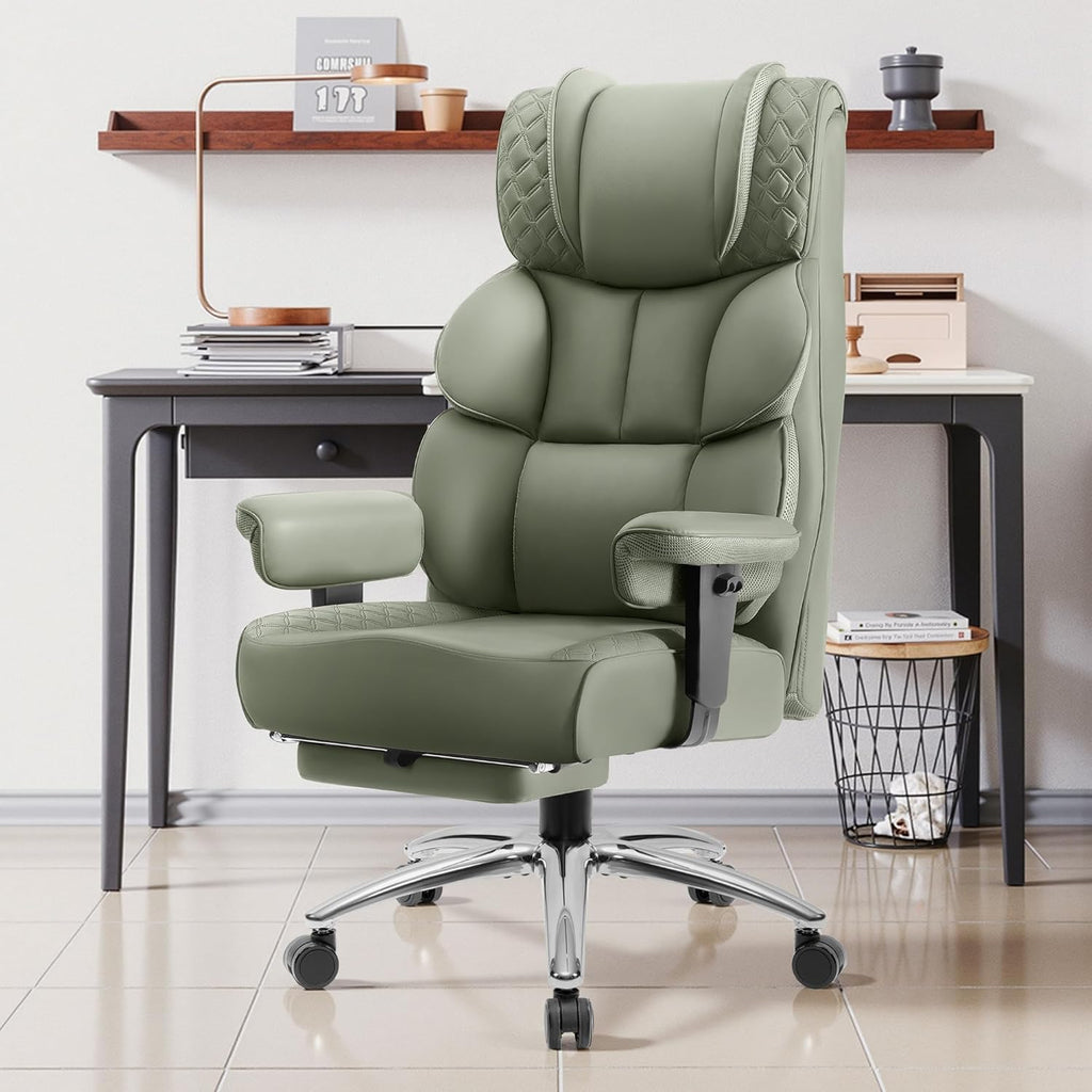 BestGlory Office Desk Chair, Big and Tall Leather Gaming Chair with Footrest, Wide Ergonomic Comfy Executive High-Back Reclining Computer Chairs, Swivel Rolling Wheels and Padded Lumbar Support, Green