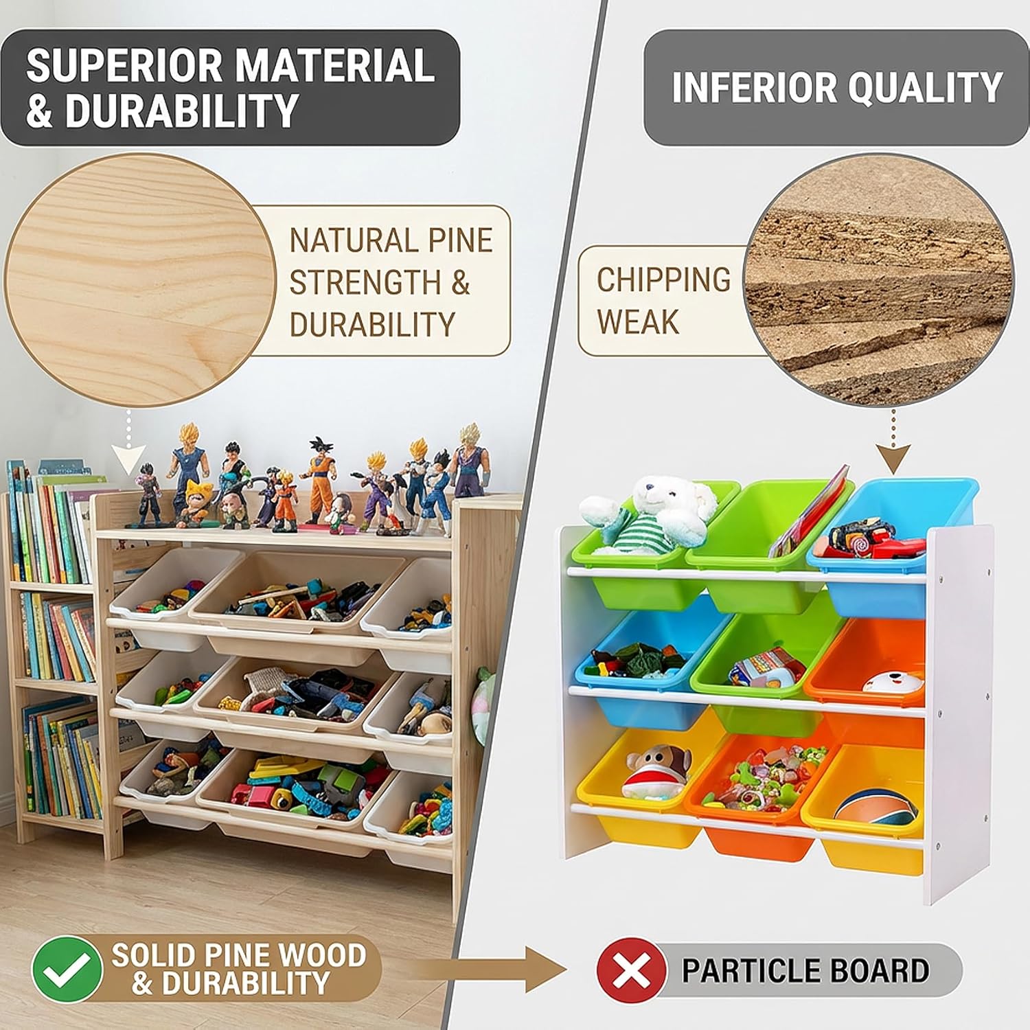 Amdermi Kid's Toy Storage Organizer with Bookcase & Plush Stuffed Animal Zoo, Multi-Bin Toy Storage Shelf for Toddlers, 4-in-1 Wooden Display Rack for Playroom, Bedroom & Nursery - Natural Wood Color