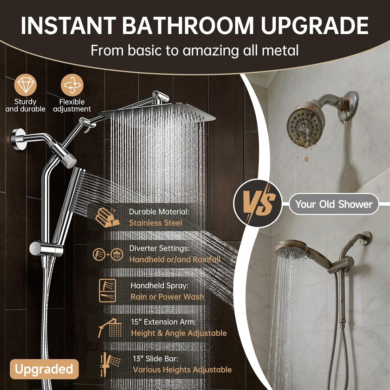 Veken All Metal 10" Shower Head with Handheld, Luxurious Square Double Rain Shower Heads,Power Wash Wand,Dual High Pressure Detachable Rainfall Showerhead with Spray Combo,Extension Arm,Chrome,Sliver