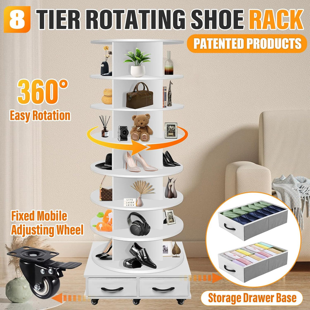 8 Tier Rotating Shoe Rack Tower contains 2 drawers, Spinning Shoe Rack Display Lazy Susan, Revolving 360 Shoe Racks Storage Round Carousel, Equipped with 5 Universal Wheels with Brake Function