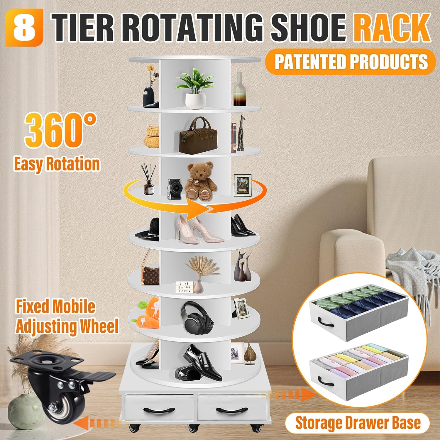 8 Tier Rotating Shoe Rack Tower contains 2 drawers, Spinning Shoe Rack Display Lazy Susan, Revolving 360 Shoe Racks Storage Round Carousel, Equipped with 5 Universal Wheels with Brake Function